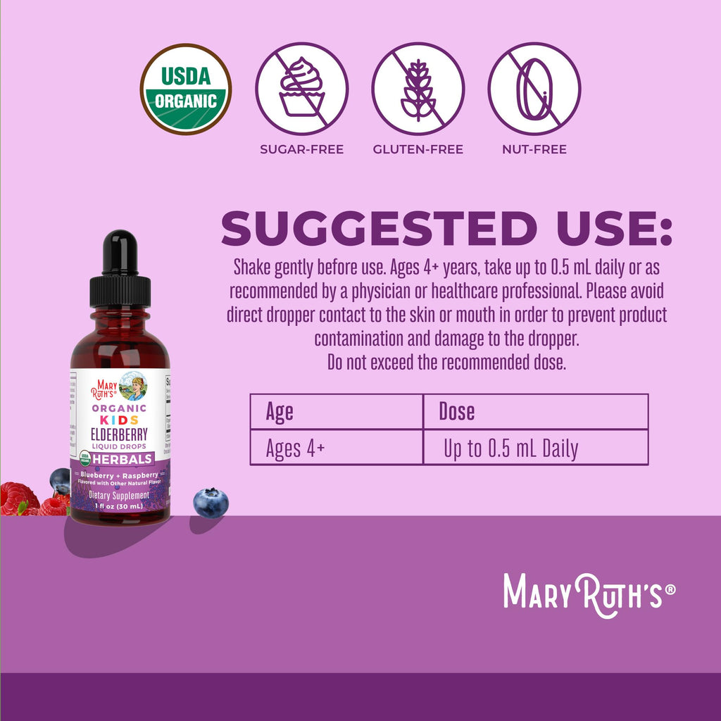 MaryRuth Organics USDA Organic Elderberry Liquid Drops for Kids | Immune Support for Ages 4-13 | 1 oz