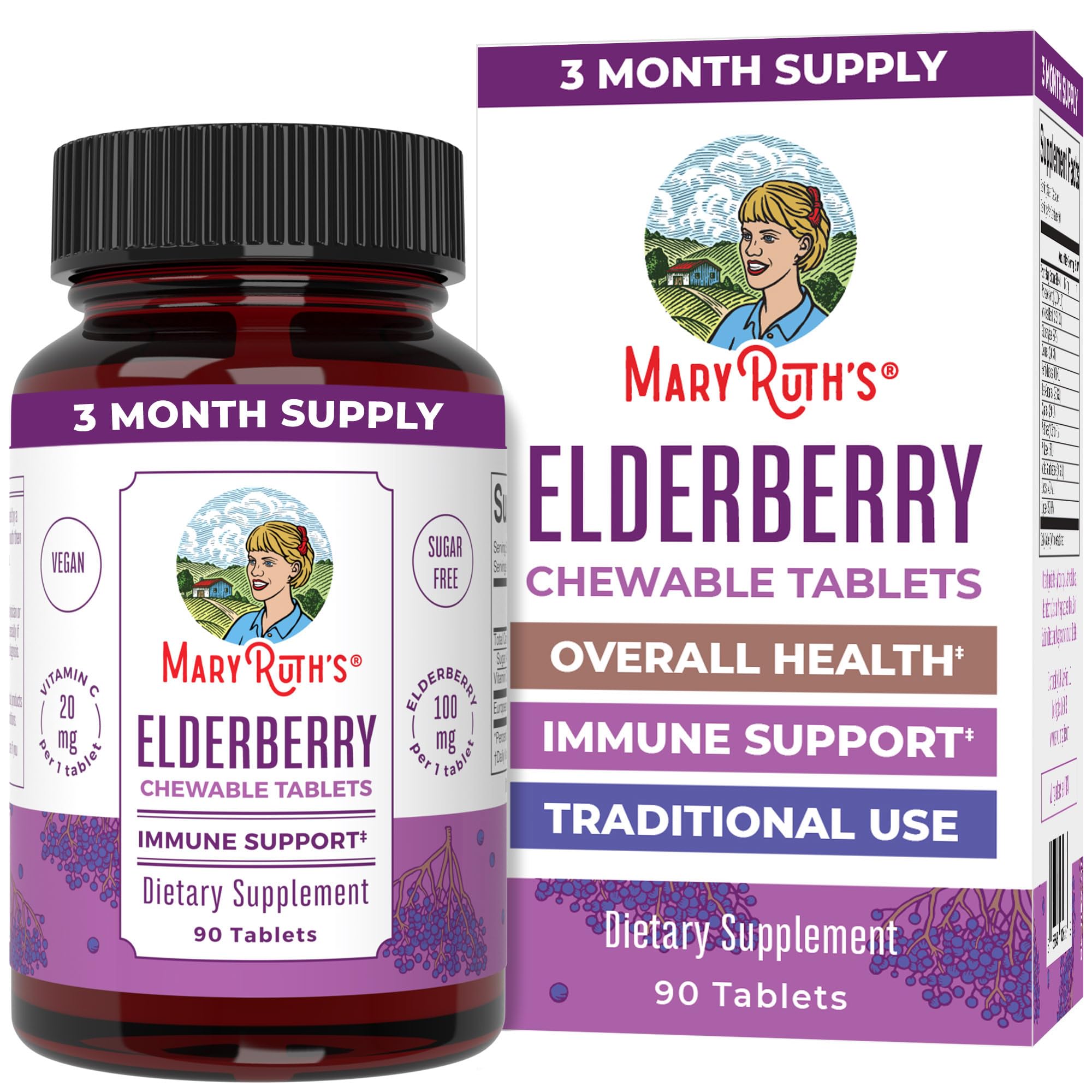 MaryRuth Organics Elderberry Vitamin C Chewable Tablets – Immune Support – 90 Servings – Gluten Free | Non-GMO