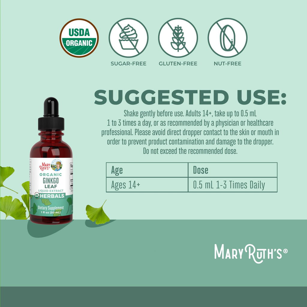 MaryRuth Organics Ginkgo Leaf Liquid Drops | Organic Nootropic Supplement | 60 Servings
