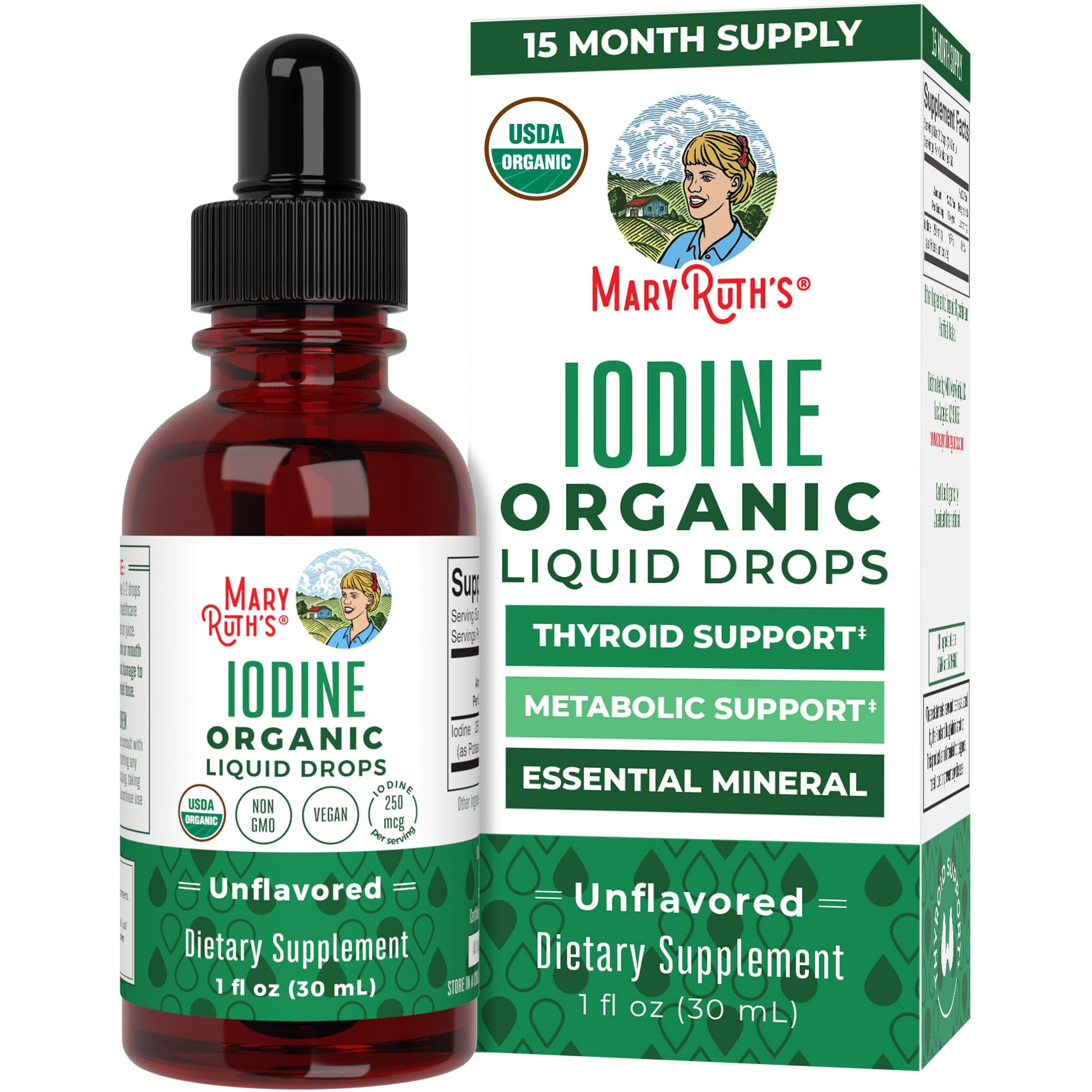 MaryRuth Organics Iodine Liquid Drops | Potassium Iodide, 1oz, 450 Servings, 1-Year Supply | Thyroid Health, USDA Organic, Vegan, Non-GMO, Gluten Free