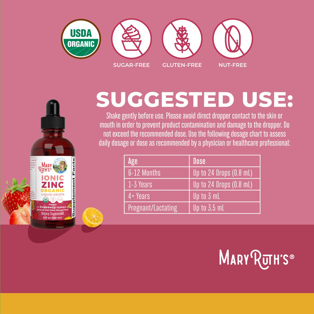 MaryRuth Organics Organic Strawberry Lemon Ionic Zinc, 4 oz | Vegan Liquid Zinc