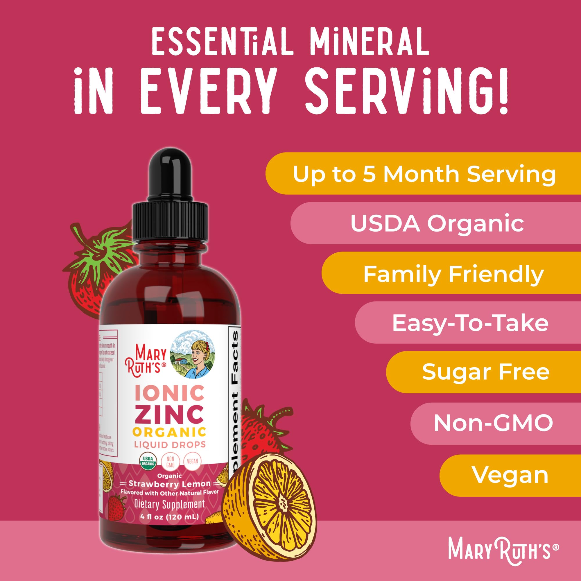 MaryRuth Organics Organic Strawberry Lemon Ionic Zinc, 4 oz | Vegan Liquid Zinc