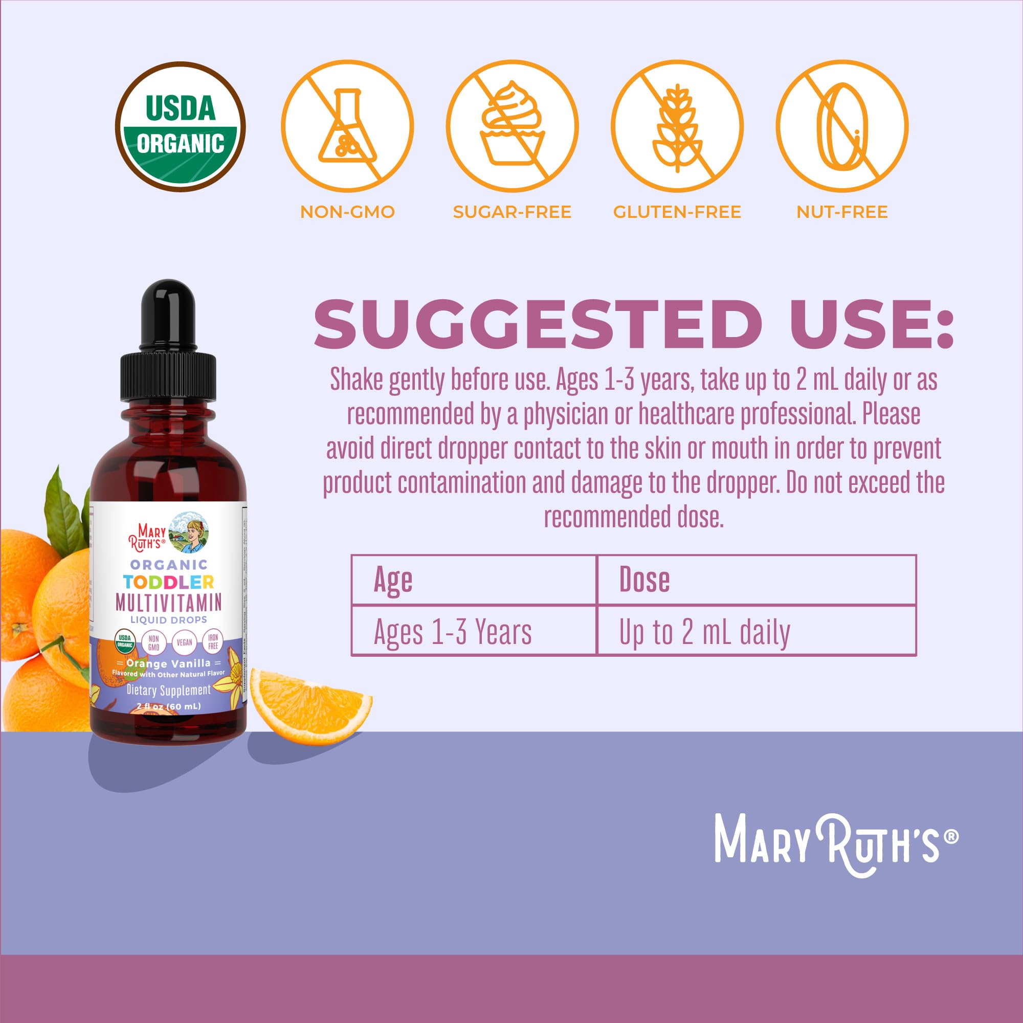 MaryRuth Organics Kids Multivitamin for Toddlers – USDA Organic | Toddler Vitamin Drops 1-3 Years | Vegan, Non-GMO, Gluten Free | 2 Fl Oz