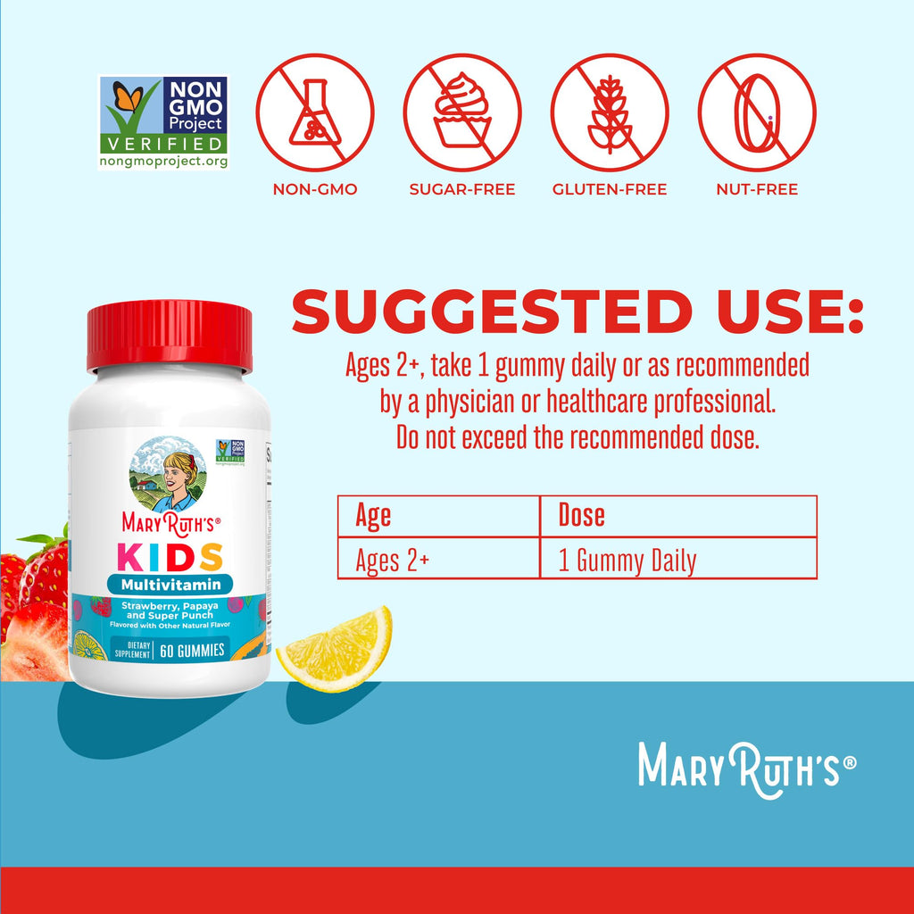 MaryRuth Organics Kids Multivitamin Gummies – 60 Count, Sugar Free, Vegan, Ages 2+, 1 Gummy/Day