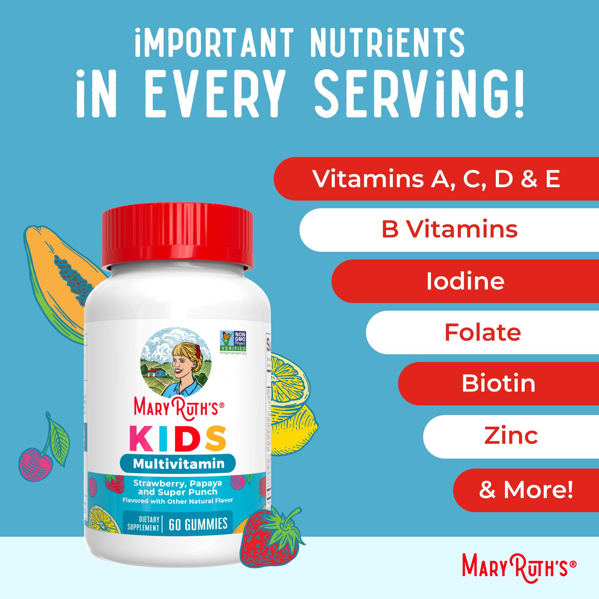 MaryRuth Organics Kids Multivitamin Gummies – 60 Count, Sugar Free, Vegan, Ages 2+, 1 Gummy/Day
