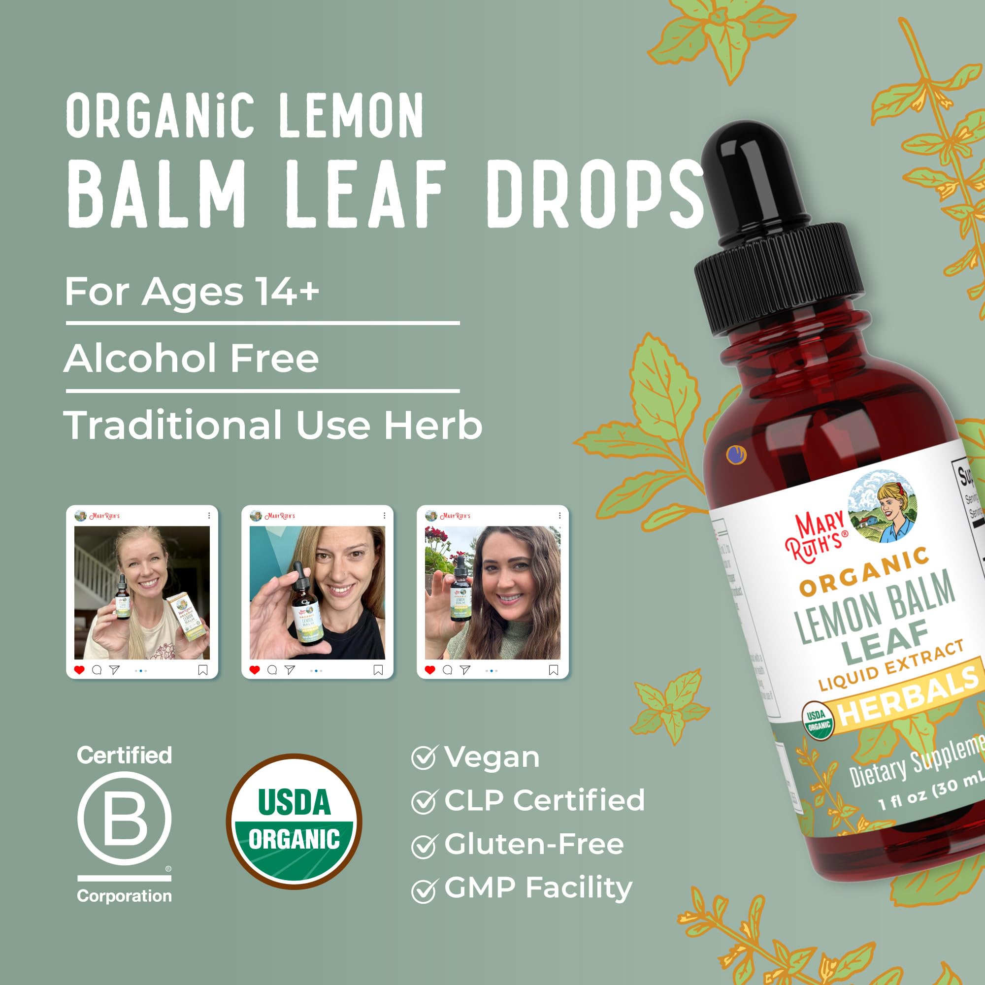 MaryRuth Organics Lemon Balm Leaf Liquid Extract | Mood Support, Relaxation | USDA Organic | 1 Fl Oz