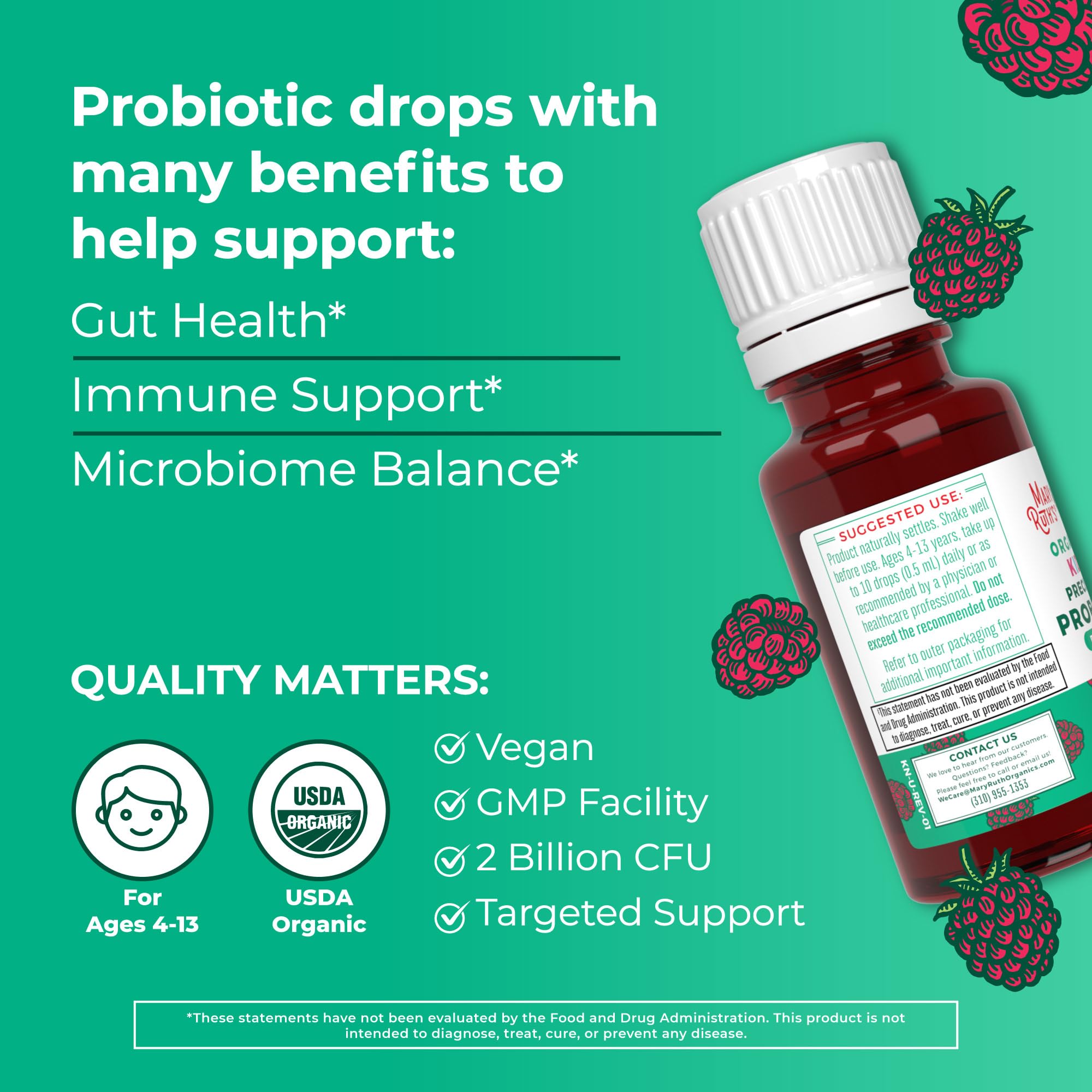 MaryRuth Organics USDA Organic Liquid Kids Probiotic Drops – Digestive Health, Immune Support, Vegan & Non-GMO | 30 Servings
