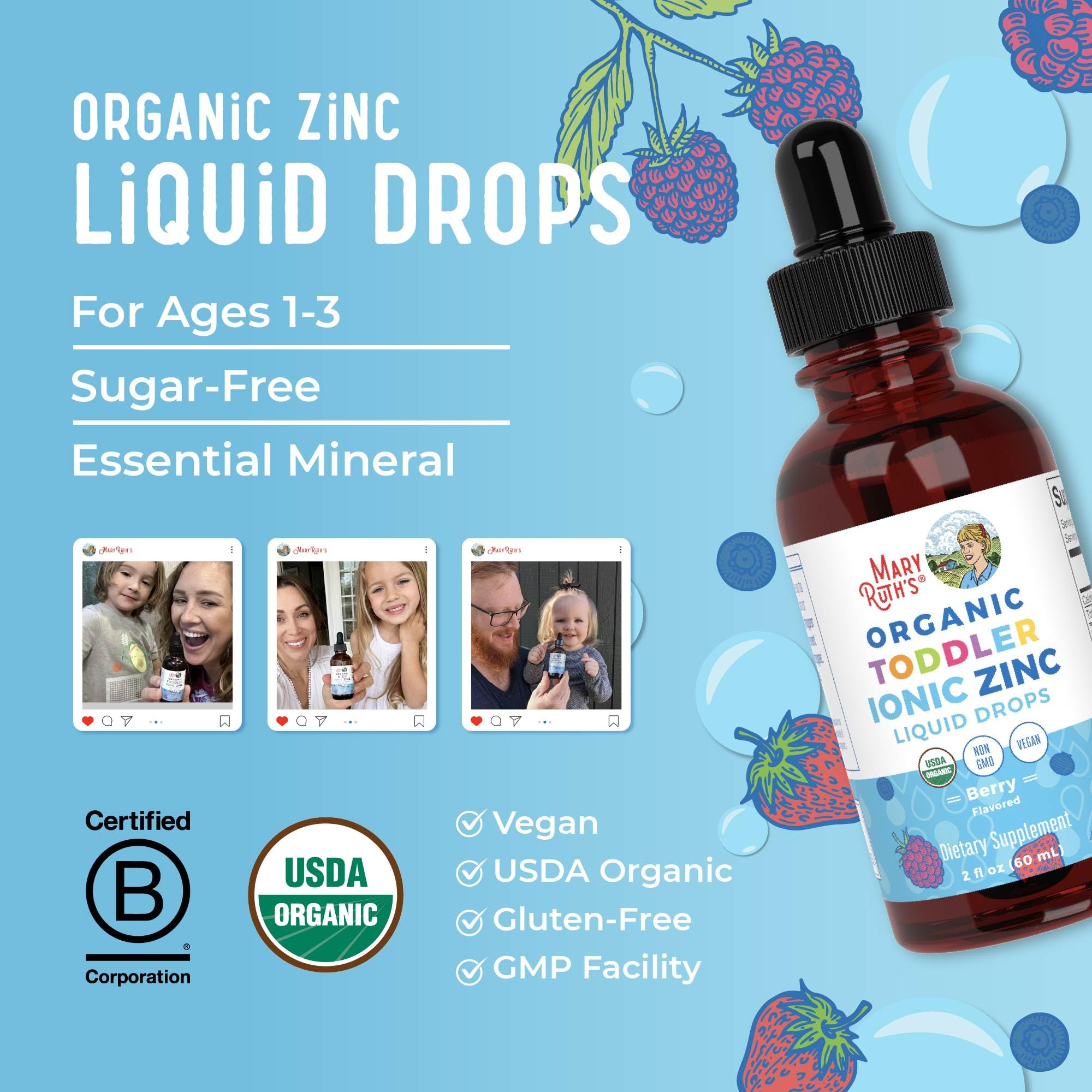 MaryRuth Organics Toddler Liquid Zinc Drops – USDA Organic, Immune Support, Berry Flavor, 1–3 Years, 2 fl oz