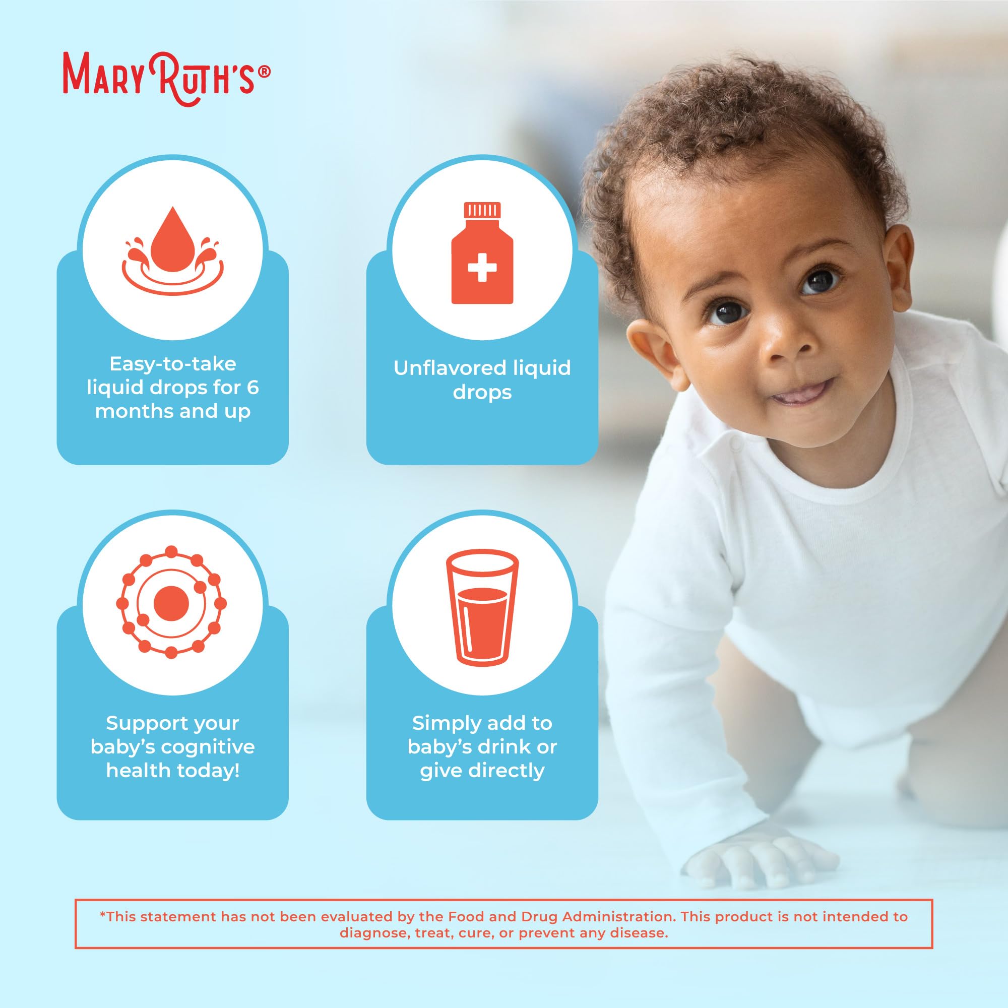 MaryRuth Organics Infant & Toddler Omega-3 Liquid Drops – 200mg DHA / 2mg EPA per Serving | Unflavored | 1 fl oz
