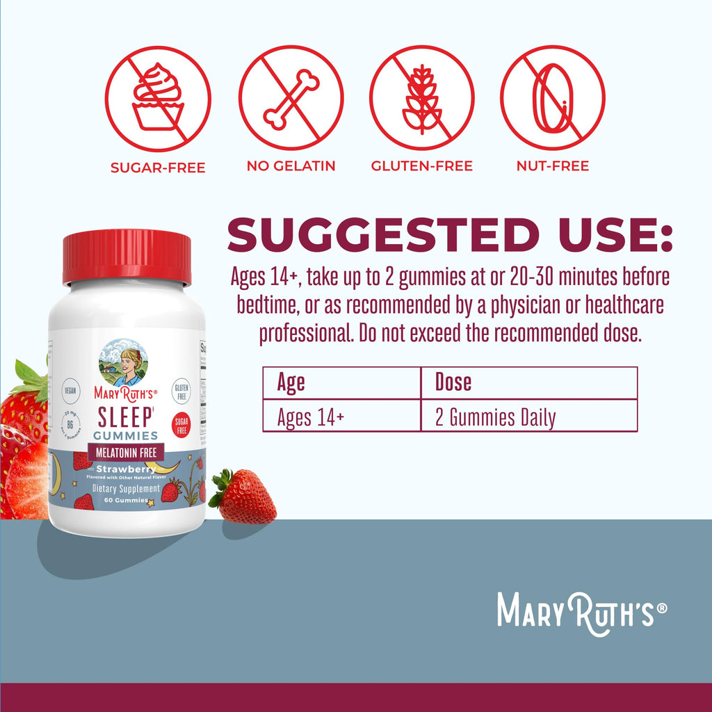 MaryRuth Organics Sleep Gummies | Sugar Free | NO Melatonin | L Theanine | Lemon Balm Leaf | Chamomile | Vitamin B6 | Relaxation & Sleep Support | Stress Relief | Vegan | Gluten Free | 60 Count