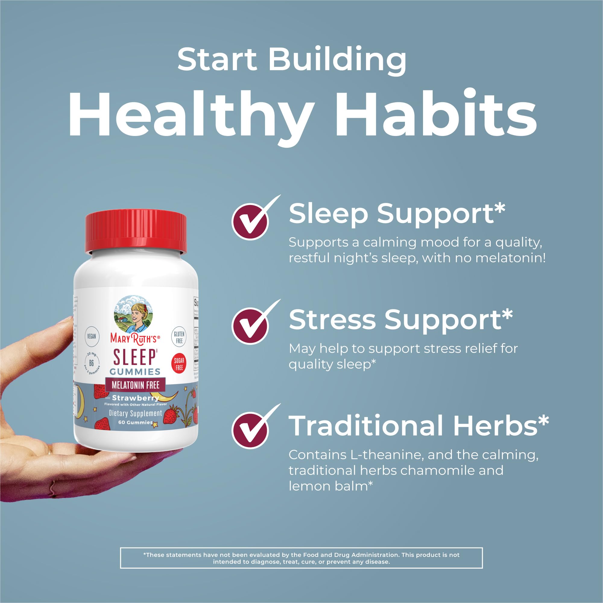 MaryRuth Organics Sleep Gummies | Sugar Free | NO Melatonin | L Theanine | Lemon Balm Leaf | Chamomile | Vitamin B6 | Relaxation & Sleep Support | Stress Relief | Vegan | Gluten Free | 60 Count