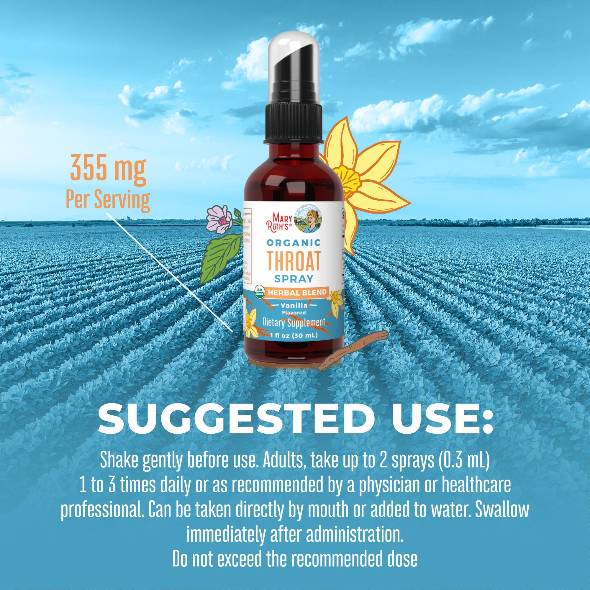 MaryRuth Organics Throat Spray – USDA Organic, 4-Herb Blend, Vanilla, 1 Fl Oz
