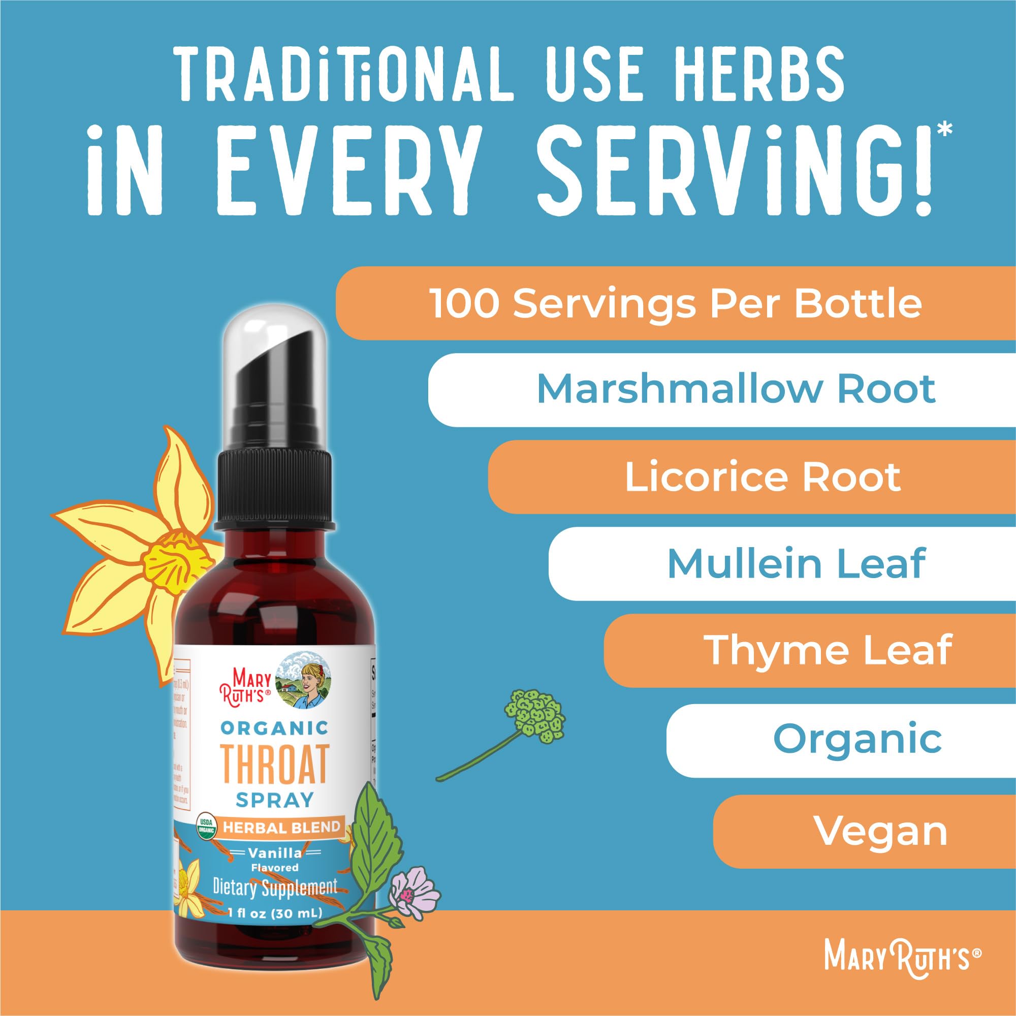 MaryRuth Organics Throat Spray – USDA Organic, 4-Herb Blend, Vanilla, 1 Fl Oz