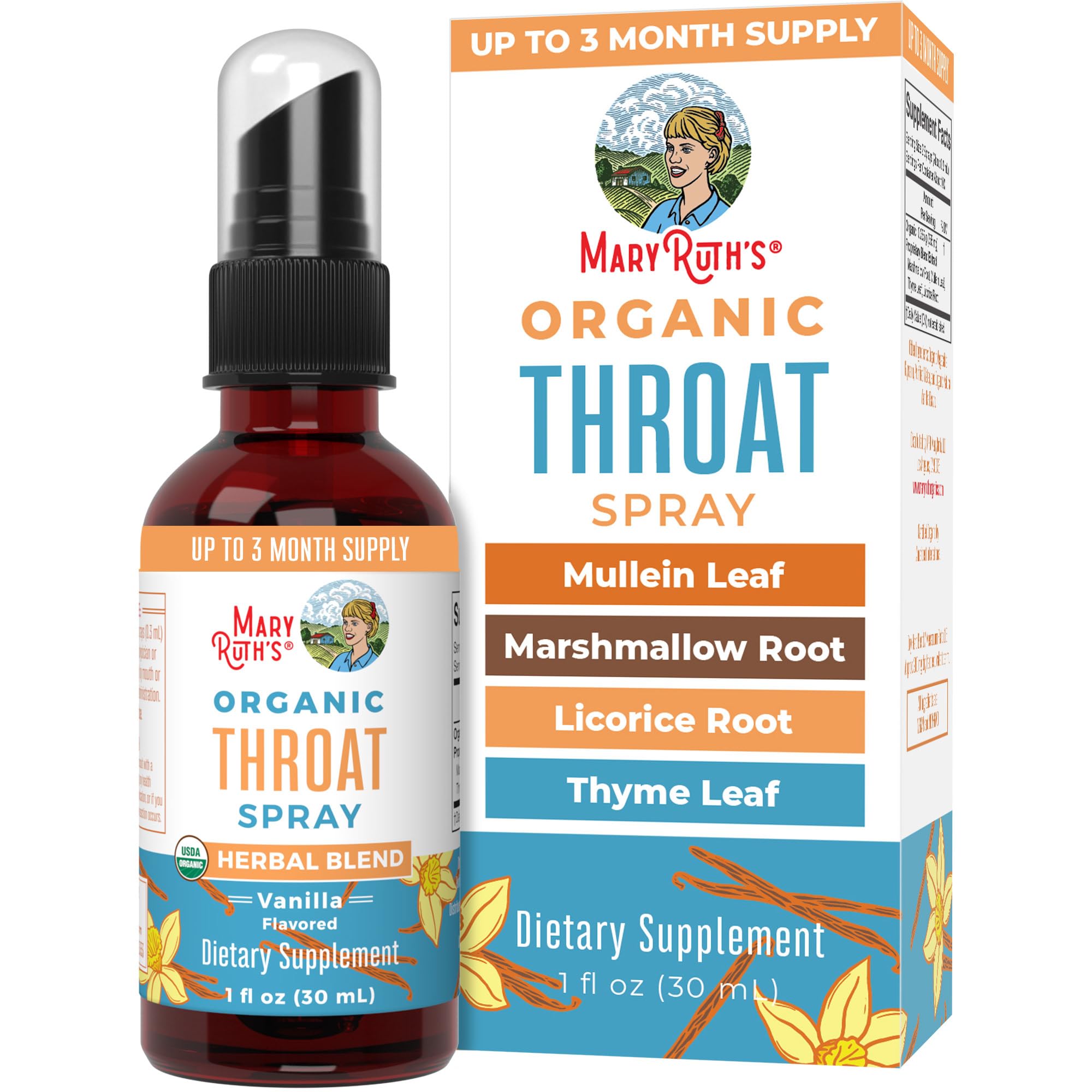 MaryRuth Organics Throat Spray – USDA Organic, 4-Herb Blend, Vanilla, 1 Fl Oz