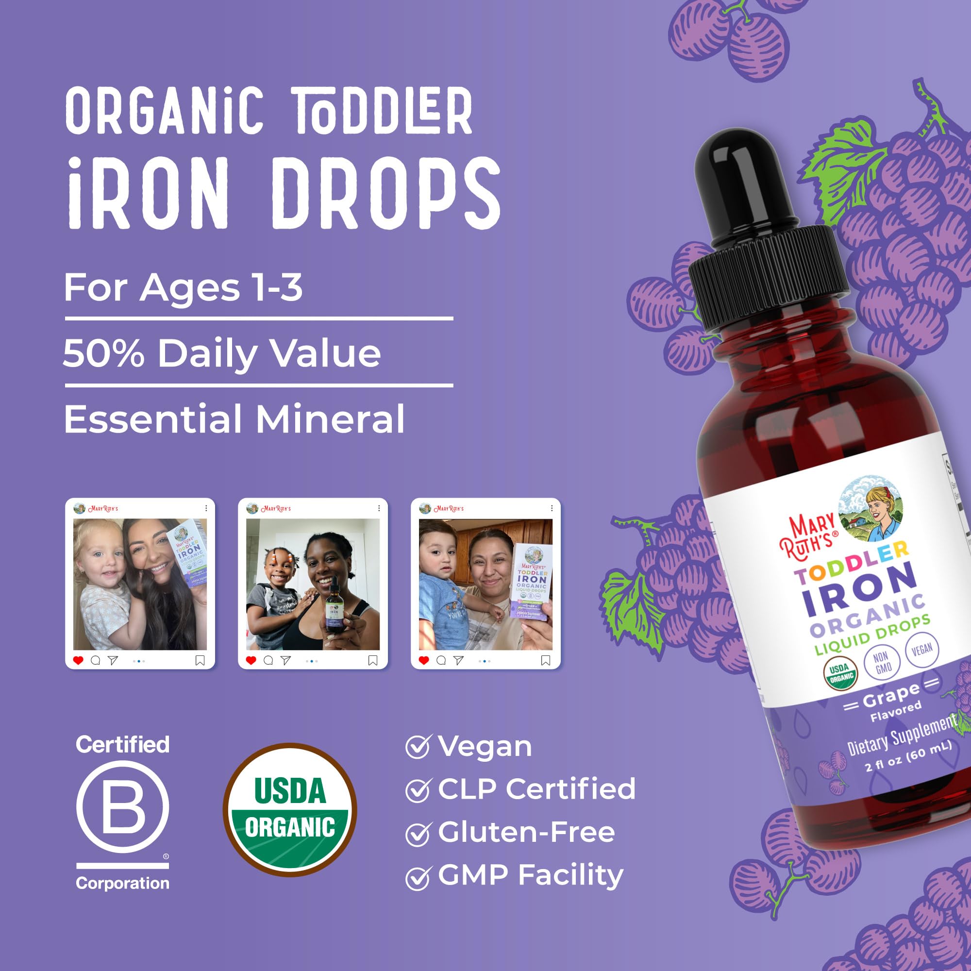 MaryRuth Organics Toddler Iron Drops | Liquid Iron for Ages 1-3 | Ferrochel | Sugar Free | Vegan | 2 oz