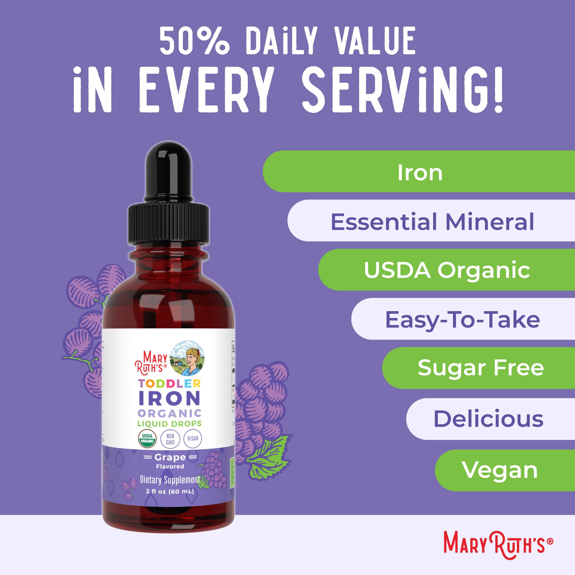 MaryRuth Organics Toddler Iron Drops | Liquid Iron for Ages 1-3 | Ferrochel | Sugar Free | Vegan | 2 oz
