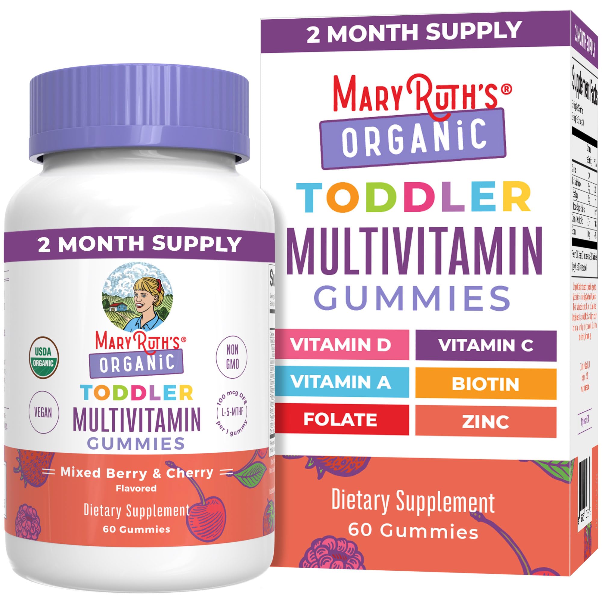 MaryRuth Organics Vitamin Gummy for Kids 2+ | USDA Organic Toddler Multivitamin with Vitamin C, D3 & Zinc (Berry & Cherry) | 2 Month Supply