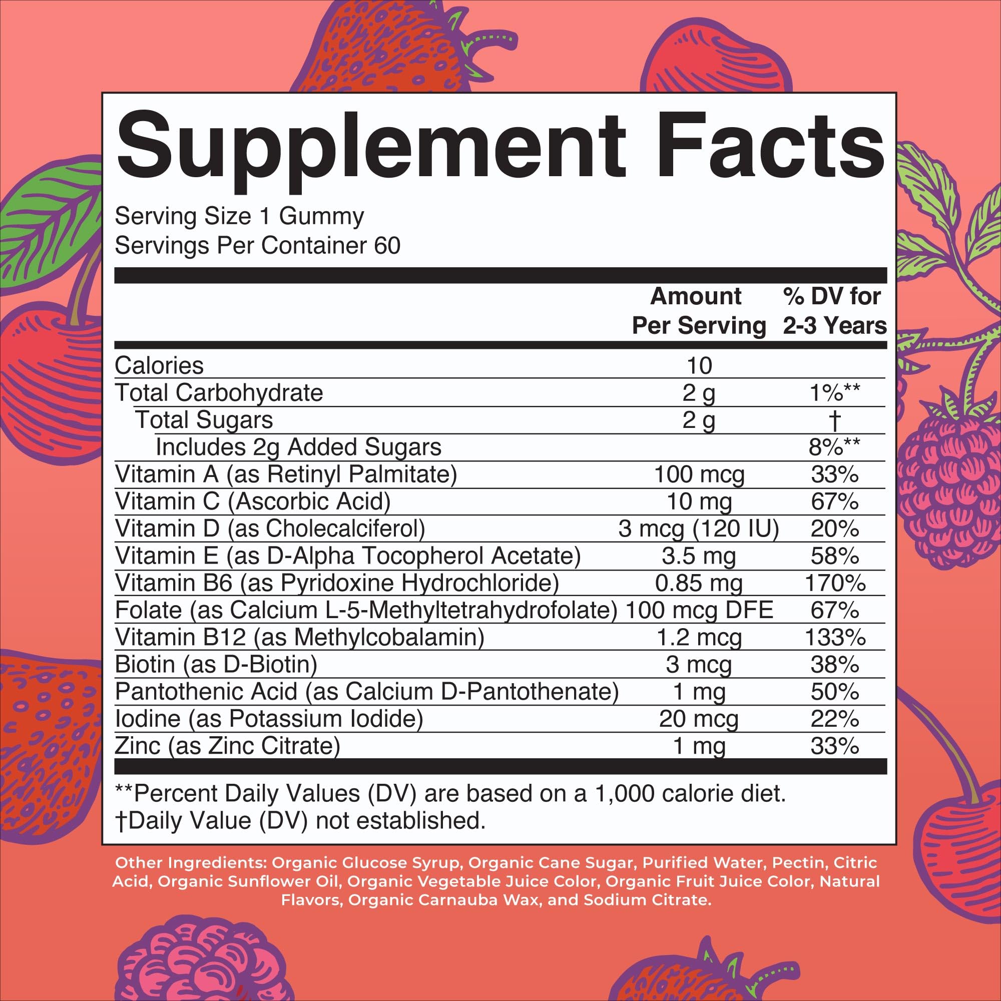 MaryRuth Organics Vitamin Gummy for Kids 2+ | USDA Organic Toddler Multivitamin with Vitamin C, D3 & Zinc (Berry & Cherry) | 2 Month Supply