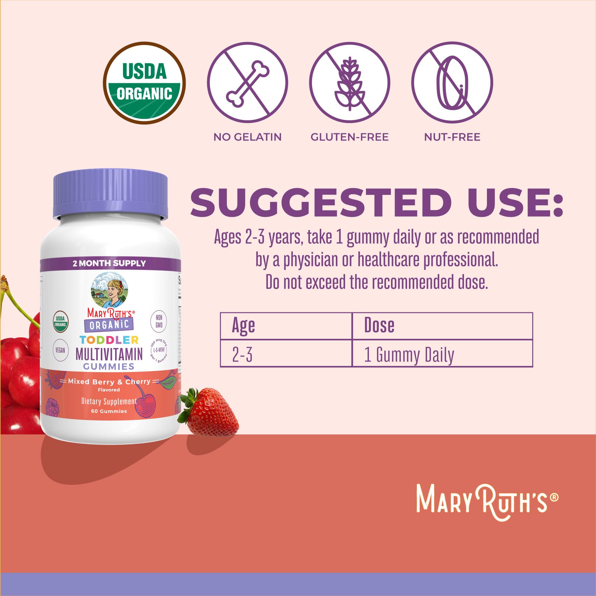 MaryRuth Organics Vitamin Gummy for Kids 2+ | USDA Organic Toddler Multivitamin with Vitamin C, D3 & Zinc (Berry & Cherry) | 2 Month Supply