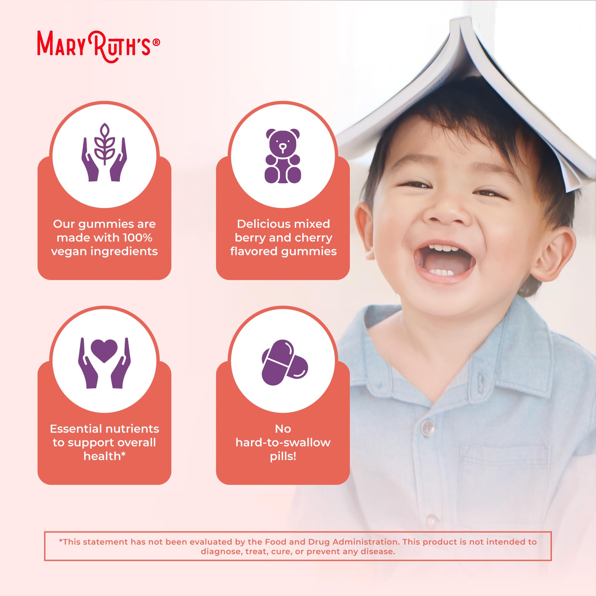 MaryRuth Organics Vitamin Gummy for Kids 2+ | USDA Organic Toddler Multivitamin with Vitamin C, D3 & Zinc (Berry & Cherry) | 2 Month Supply