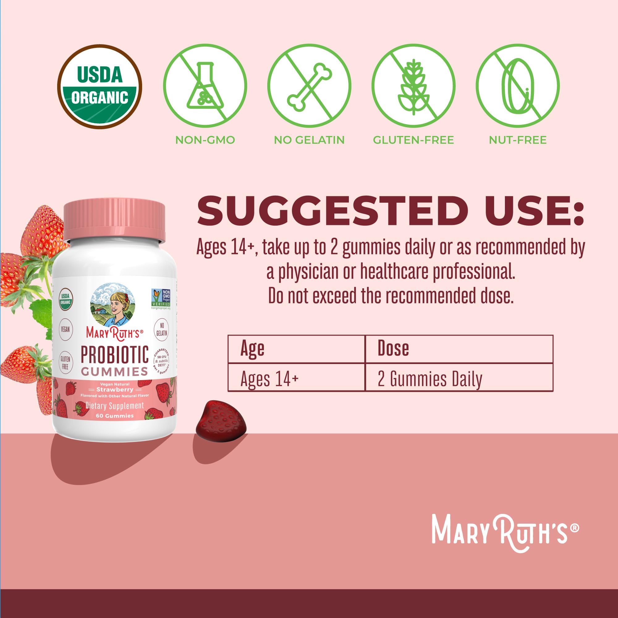 MaryRuth Organics USDA Organic Probiotic Gummies – 5 Billion CFU, 60 Count | Probiotics for Women & Men, Digestive Health & Gut Comfort