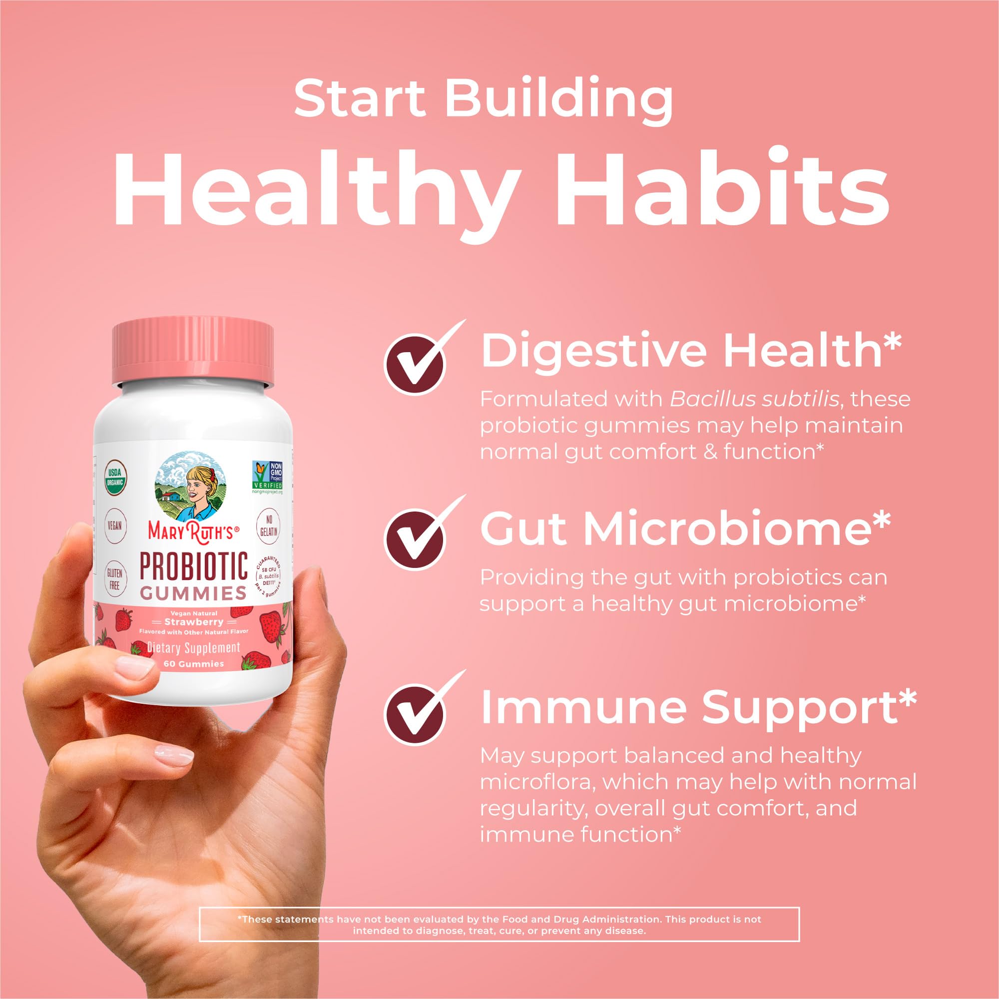 MaryRuth Organics USDA Organic Probiotic Gummies – 5 Billion CFU, 60 Count | Probiotics for Women & Men, Digestive Health & Gut Comfort