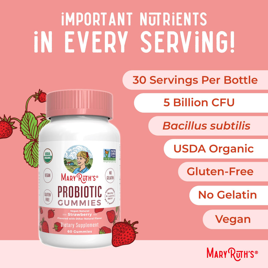 MaryRuth Organics USDA Organic Probiotic Gummies – 5 Billion CFU, 60 Count | Probiotics for Women & Men, Digestive Health & Gut Comfort