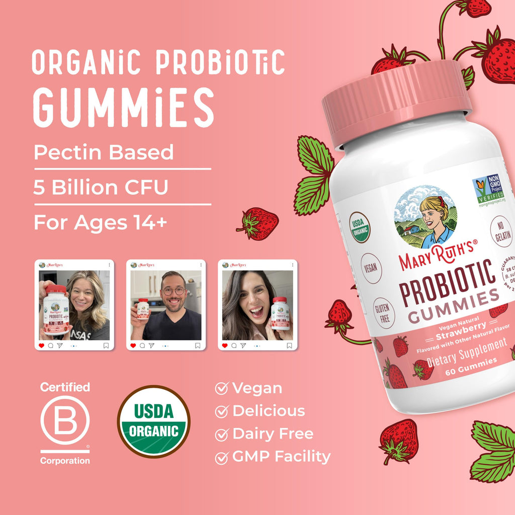 MaryRuth Organics USDA Organic Probiotic Gummies – 5 Billion CFU, 60 Count | Probiotics for Women & Men, Digestive Health & Gut Comfort