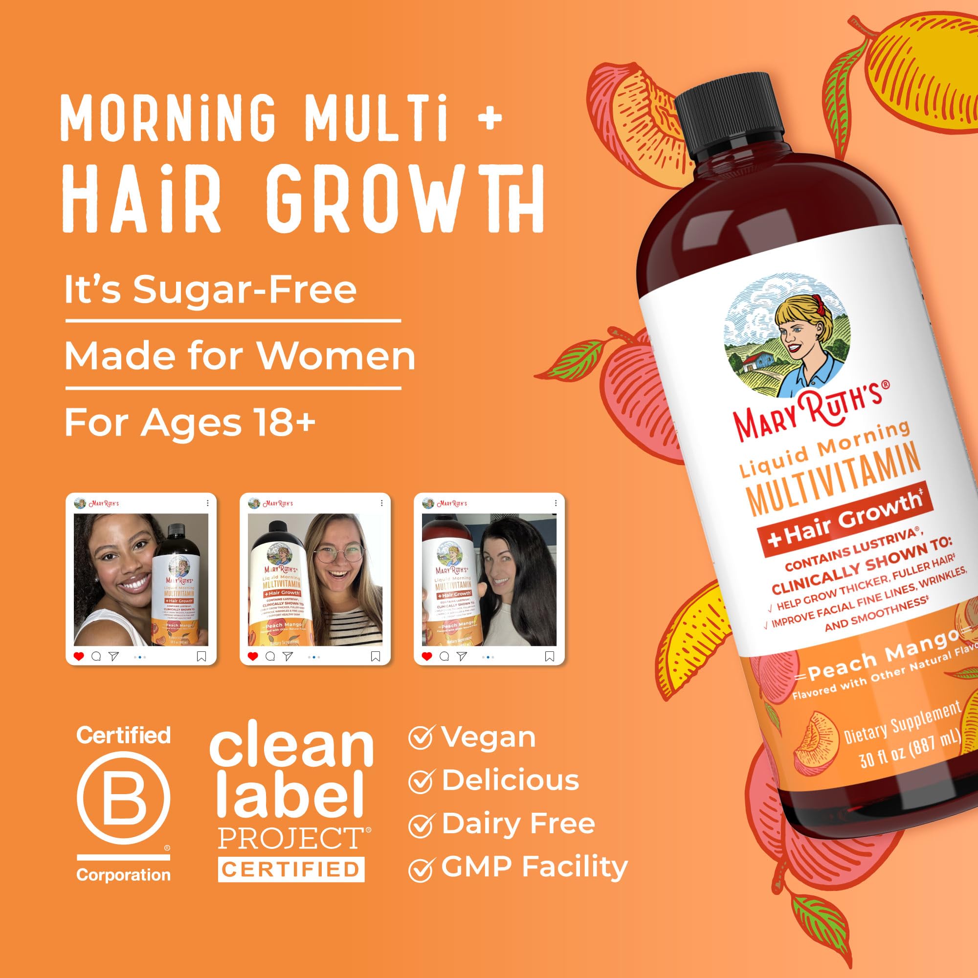 MaryRuth Organics Liquid Multivitamin + Hair Growth with Lustriva – Thicker Hair, Smoother Skin | Biotin 10000mcg | 30 Fl Oz