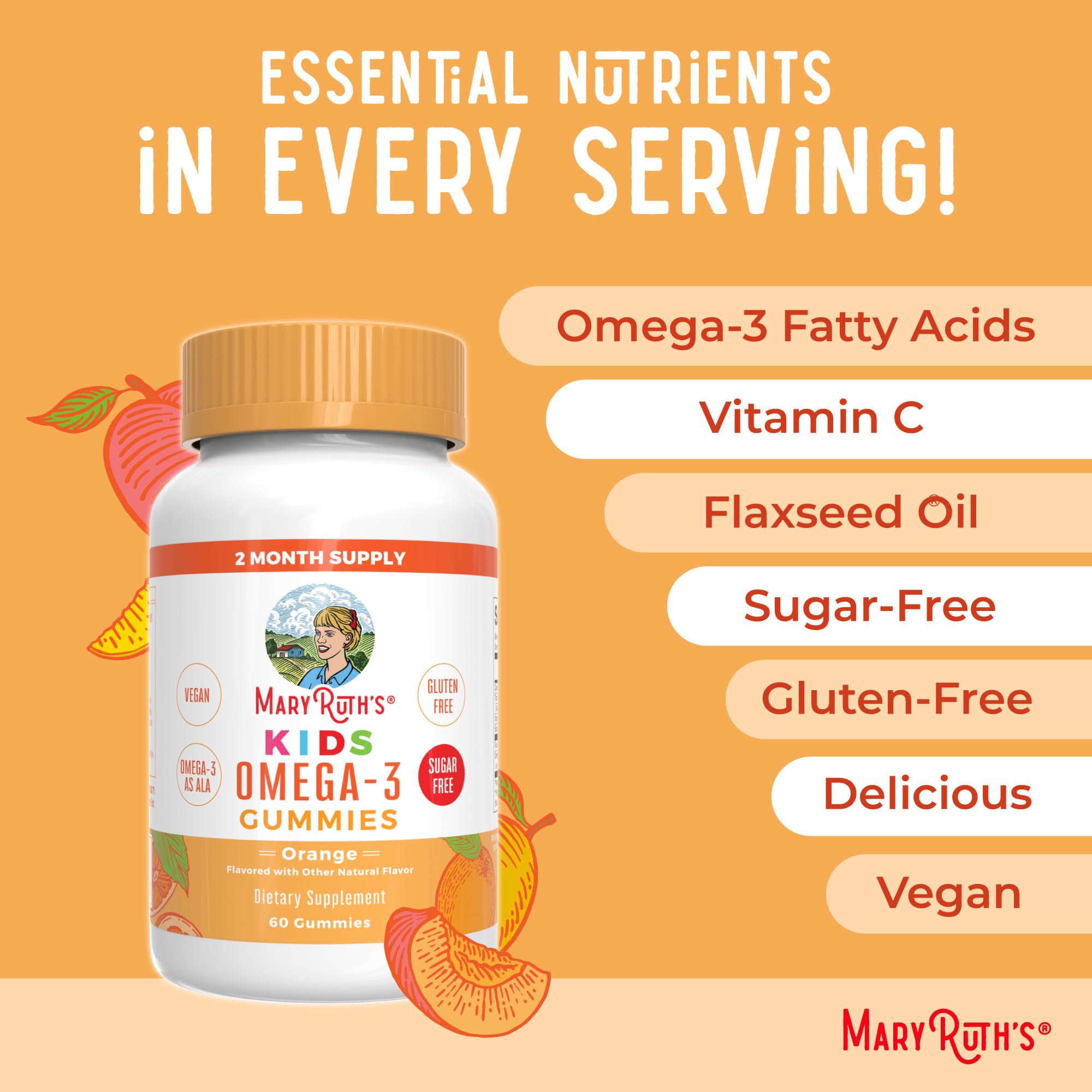 MaryRuth Organics Vegan Omega-3 Gummies for Kids 2+ - Sugar Free, 60 Count