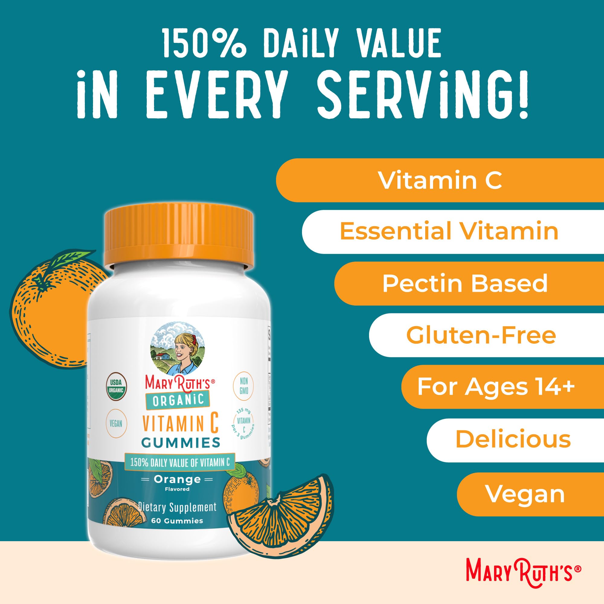 MaryRuth Organics Vitamin C Gummies | USDA Organic - Vegan, Non-GMO - Immune Support & Wellness - Orange Flavor - 60 Count
