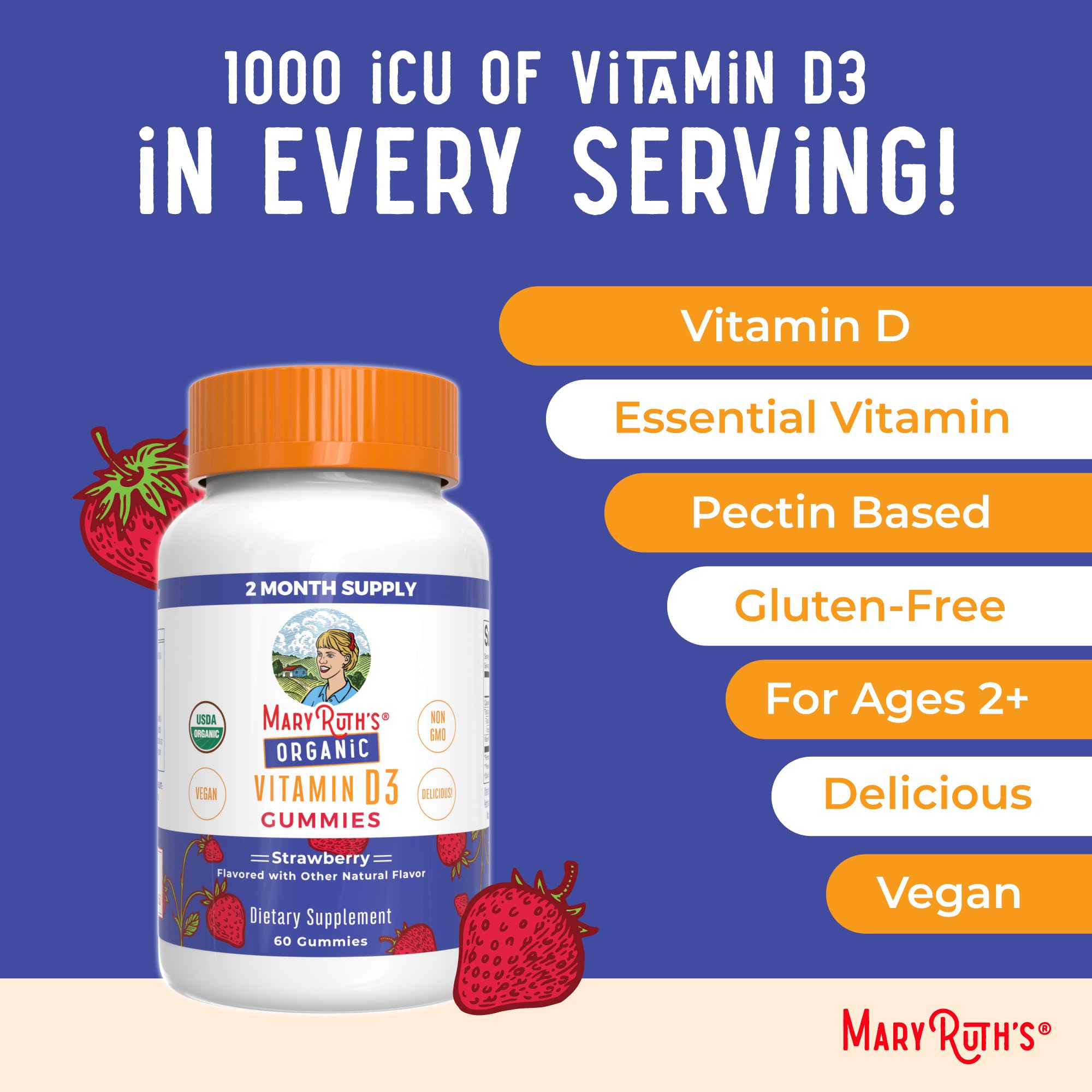 MaryRuth Organics Organic Vitamin D3 Gummies 1000 IU | USDA Organic | 60 Count
