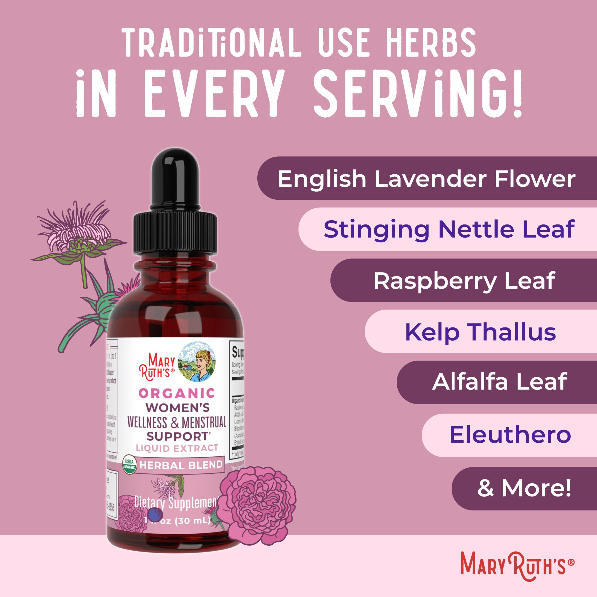 MaryRuth Organics USDA Organic Women's Wellness Liquid Herbal Drops – Menstrual Support (Vegan, Non-GMO)