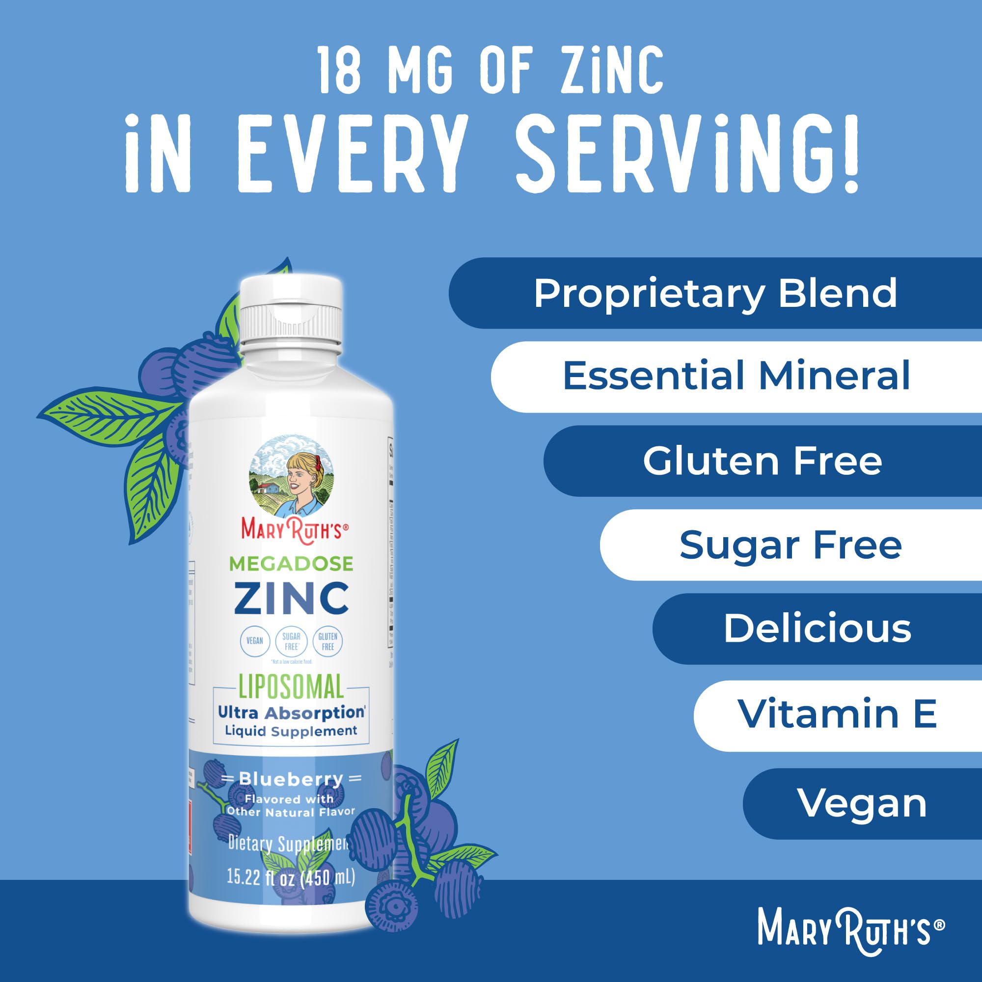 MaryRuth Liposomal Zinc with Vitamin E | Blueberry Flavor | Vegan, Non-GMO | 15.22 fl oz
