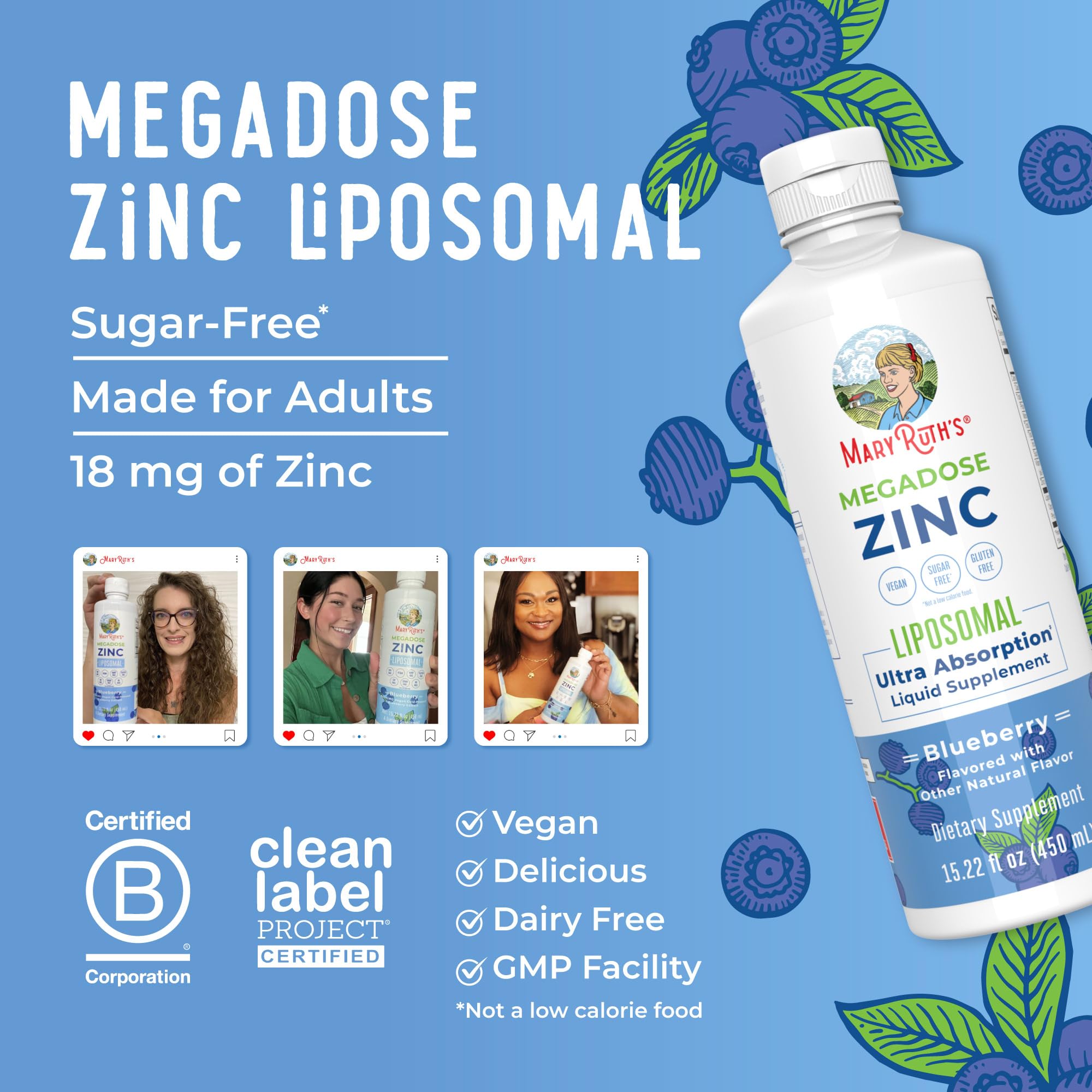 MaryRuth Liposomal Zinc with Vitamin E | Blueberry Flavor | Vegan, Non-GMO | 15.22 fl oz