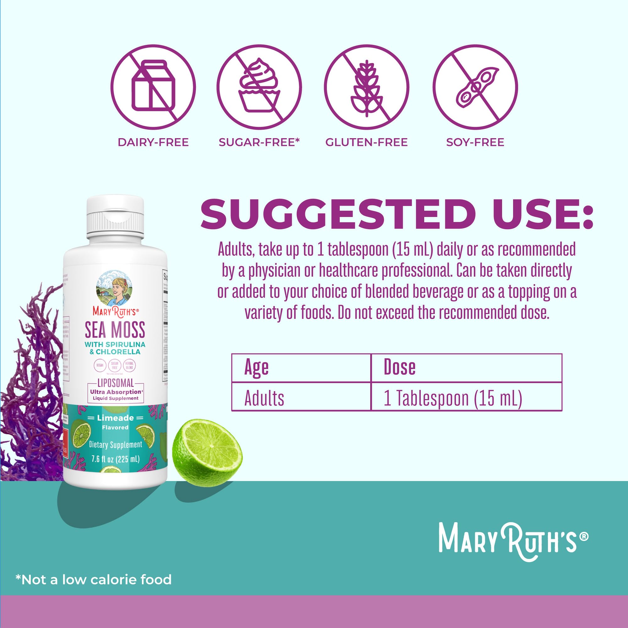 MaryRuth Organics Sea Moss with Spirulina and Chlorella Liposomal | Chlorophyll | Dandelion Root | Superfood | Ultra Absorption | Vegan | Non-GMO | Gluten Free | 7.6 fl oz | 15 Servings