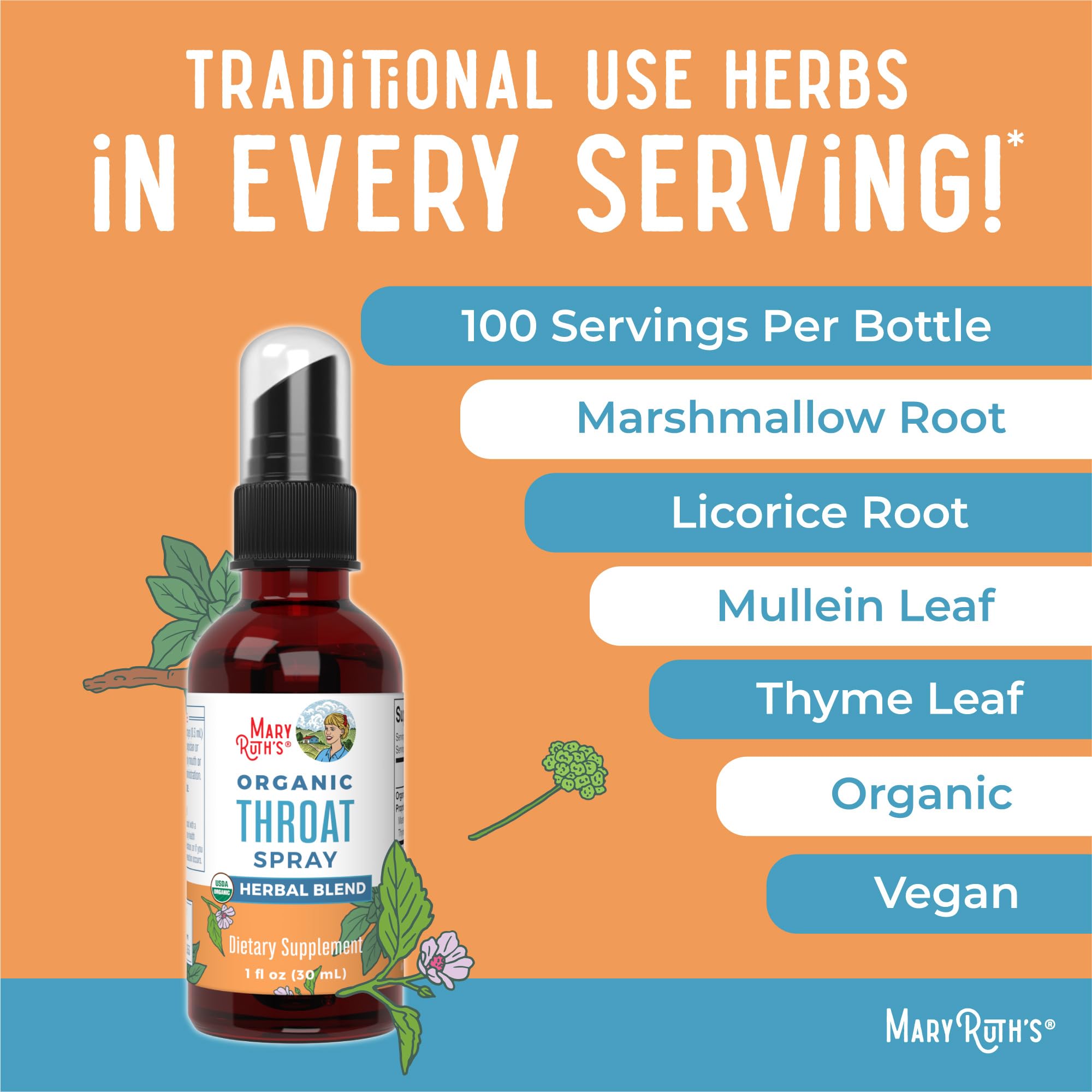 MaryRuth Organics Throat Spray – USDA Organic, 4-Herb Blend (Mullein, Marshmallow, Licorice, Thyme) | Vegan, Non-GMO, Gluten Free | 1 fl oz