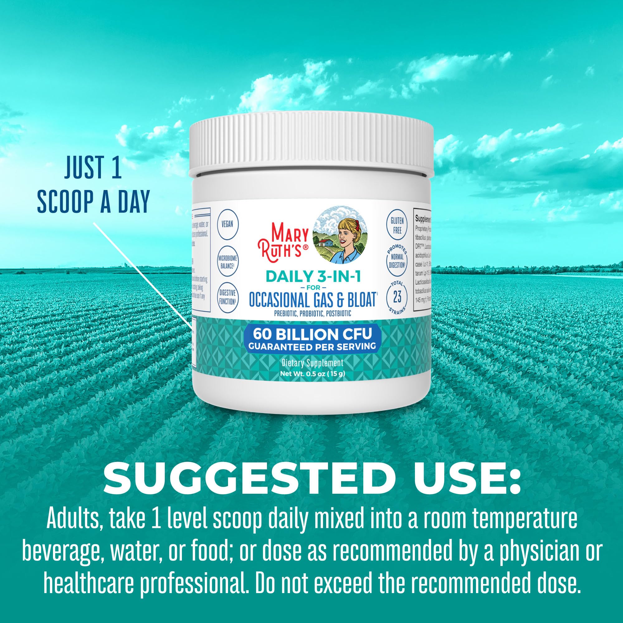 MaryRuth’s 3-in-1 Gas & Bloat Probiotic Powder | 60B CFU, 23 Strains