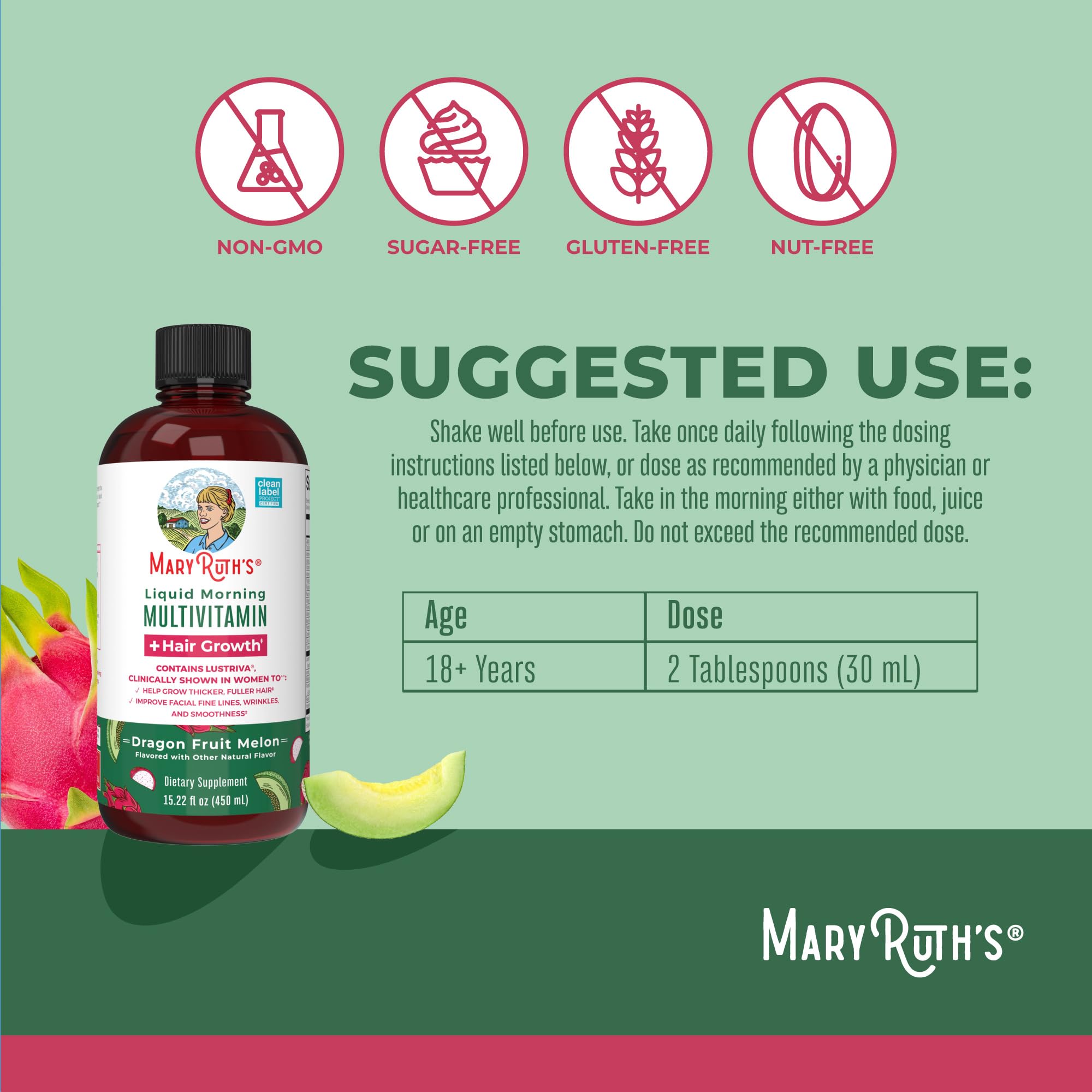 MaryRuths Liquid Multivitamin + Hair Growth | Lustriva Biotin 10000mcg | Thicker Hair & Skin Support | Ages 18+ | 15.22 Fl Oz