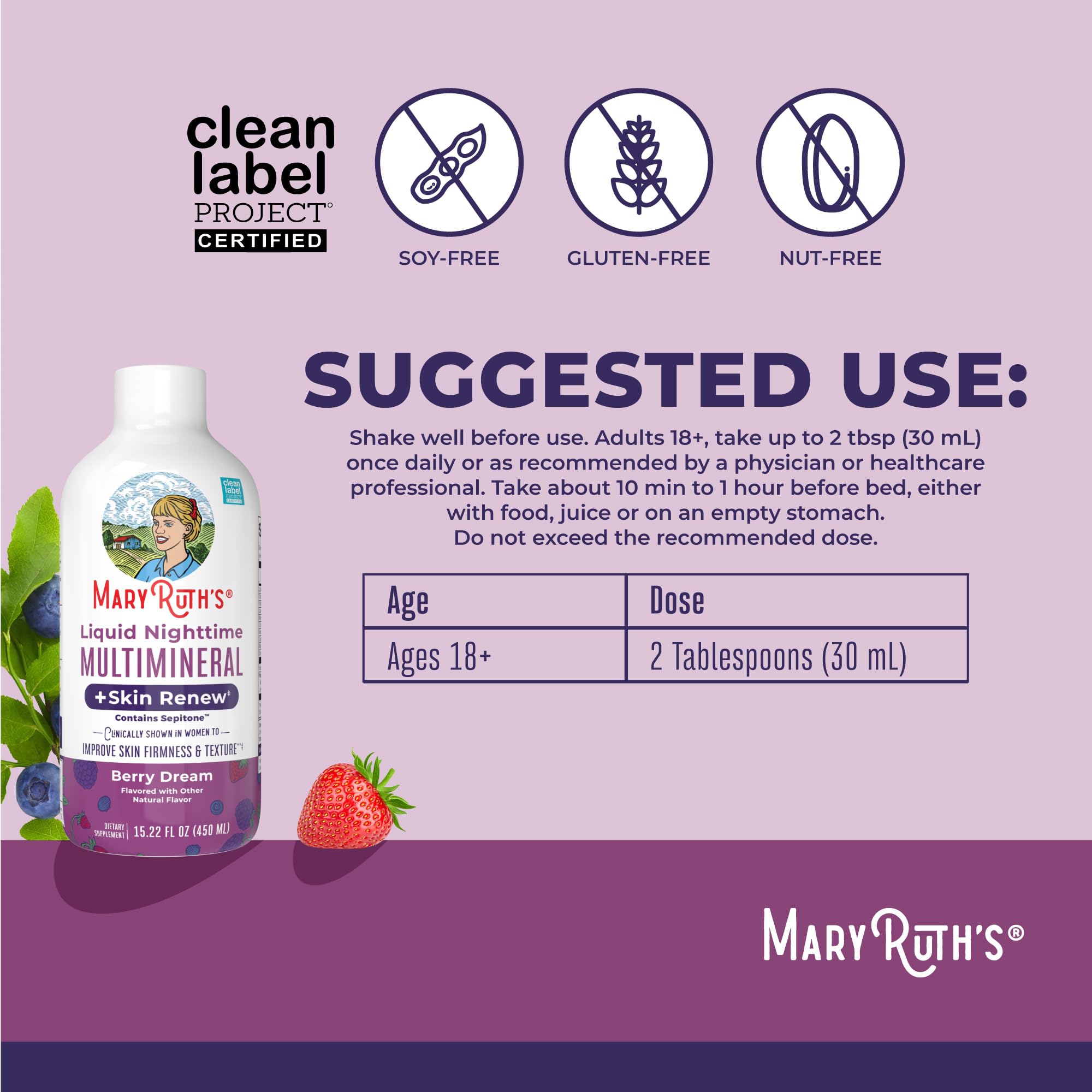 MaryRuth's Liquid Nighttime Multimineral + Skin Renew | Sepitone, No Melatonin, Vegan, 15 Servings