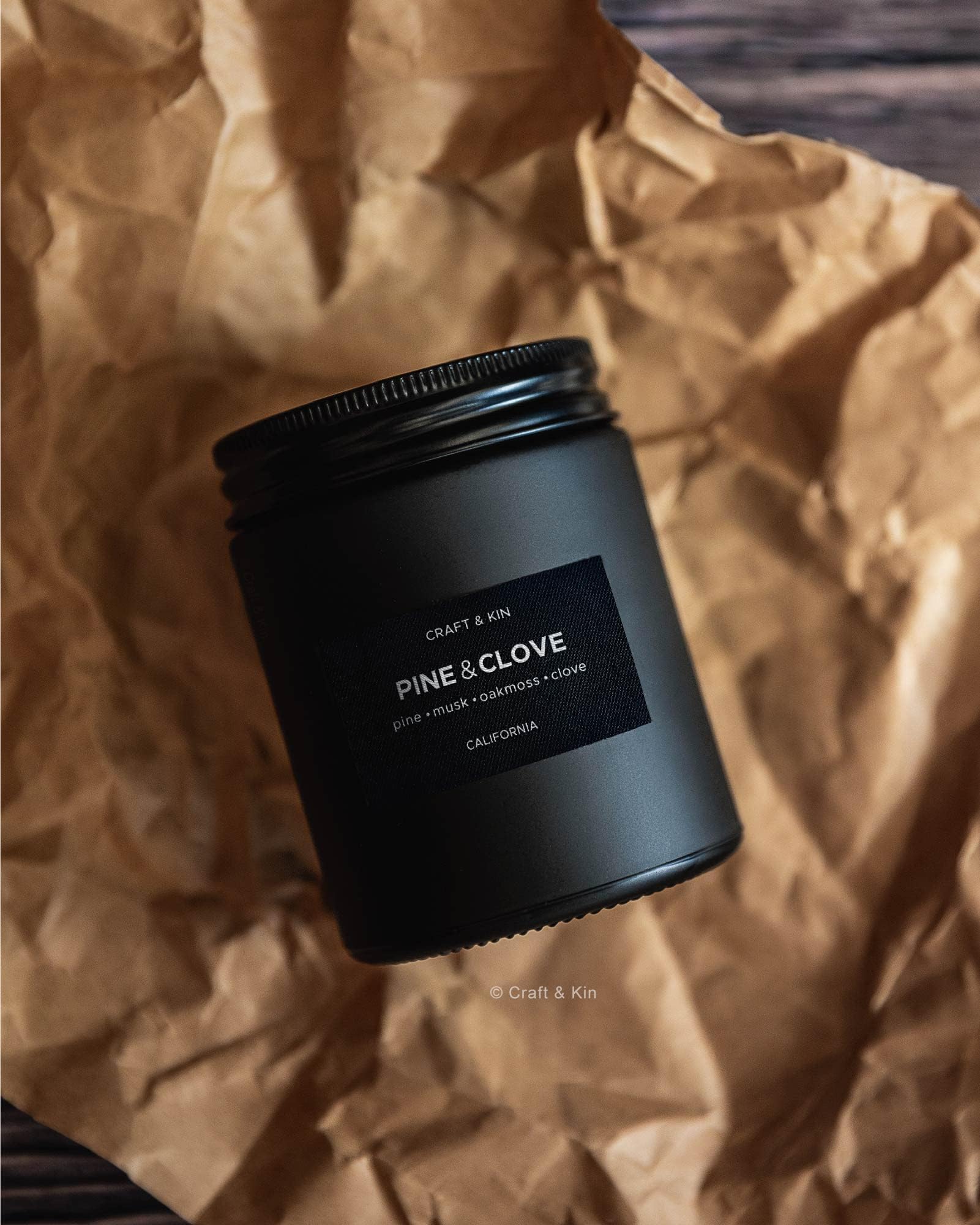 Craft & Kin Premium Pine & Clove Candle | Black Christmas Scented Soy Candle – 7.6oz, 45 Hour Burn Time