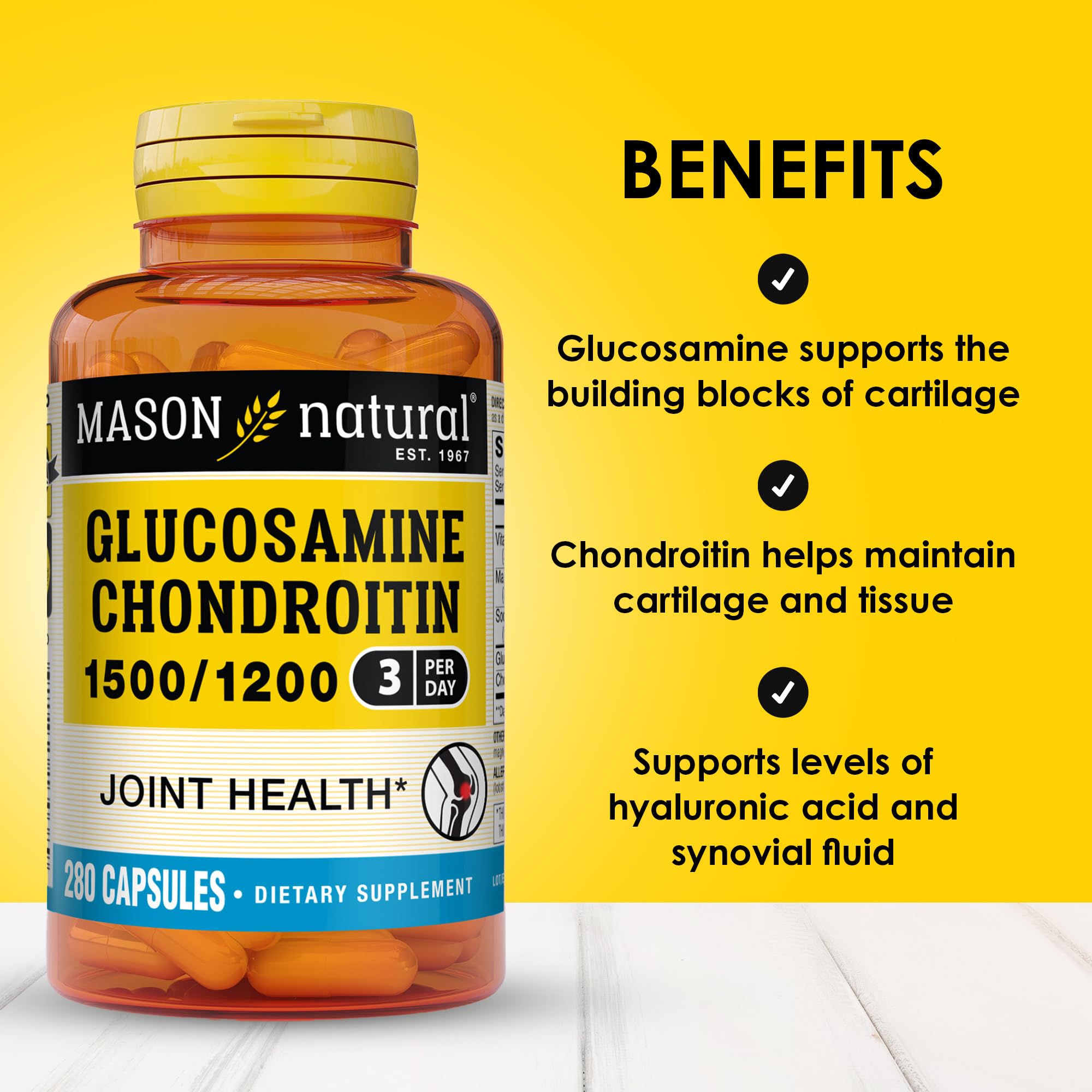 MASON NATURAL Glucosamine Chondroitin 1500/1200 with Vitamin C – 280 Capsules (3 Month Supply)