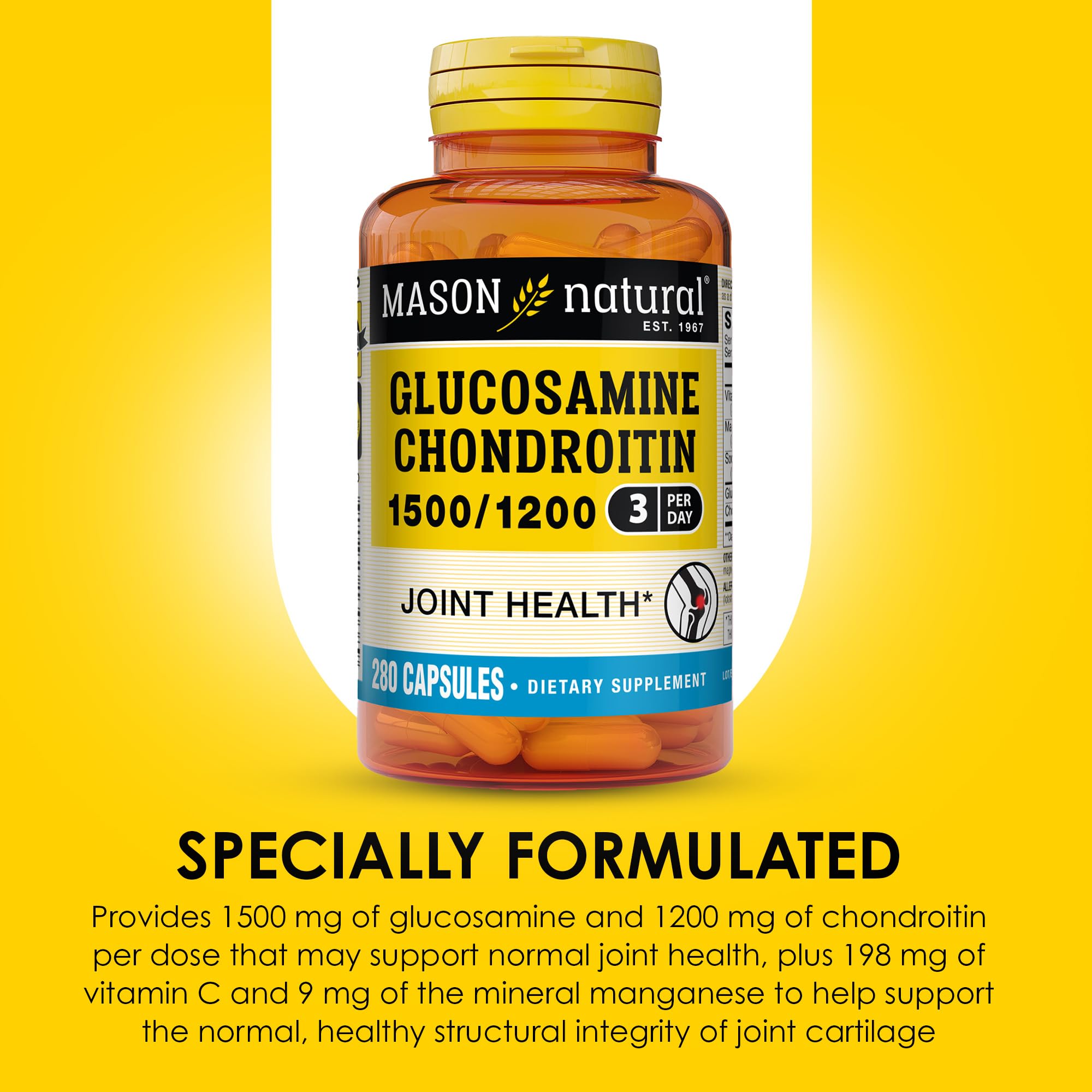 MASON NATURAL Glucosamine Chondroitin 1500/1200 with Vitamin C – 280 Capsules (3 Month Supply)