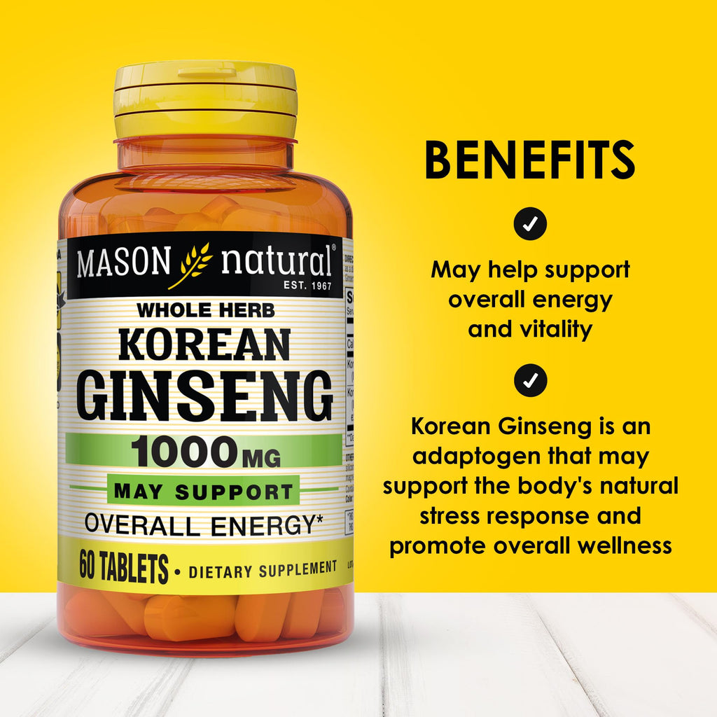 Mason Natural Korean Ginseng 1,000 mg – Energy, Endurance & Vitality (60 Tablets)