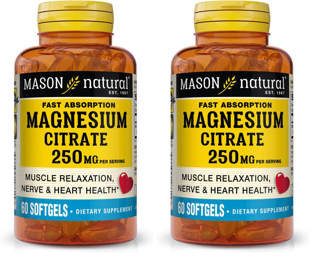 Mason Natural Magnesium Citrate 250 mg Softgels – 30 Day Supply (Pack of 2)