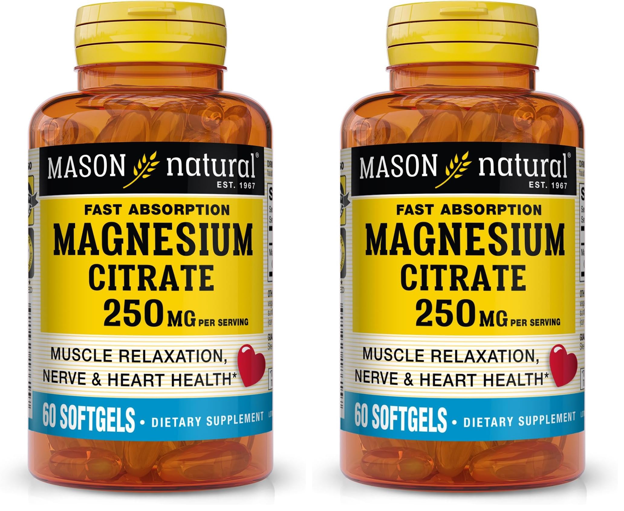 Mason Natural Magnesium Citrate 250 mg Softgels – 30 Day Supply (Pack of 2)