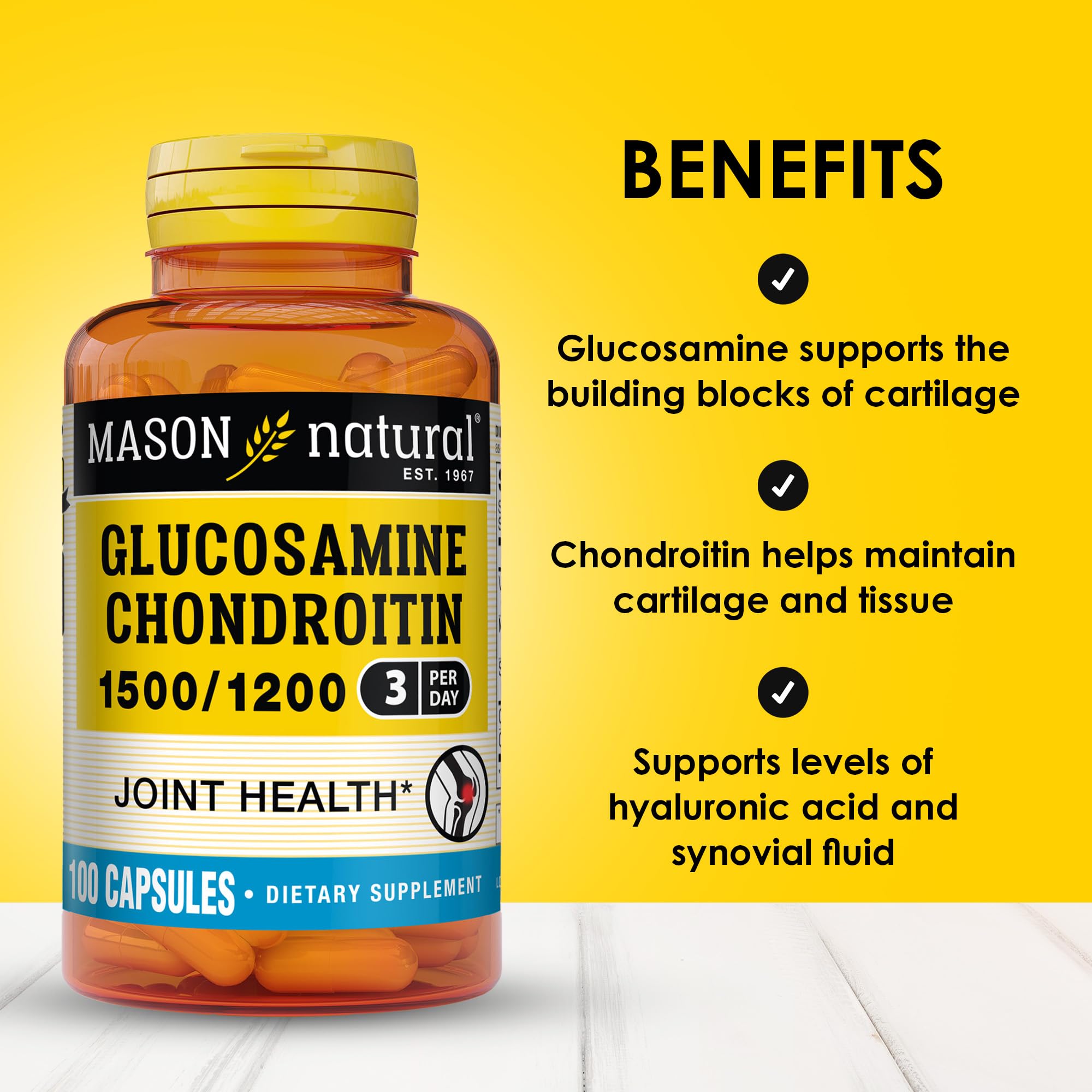 Mason Natural Glucosamine Chondroitin 1500/1200 with Vitamin C – Joint Health & Mobility, 100 Capsules