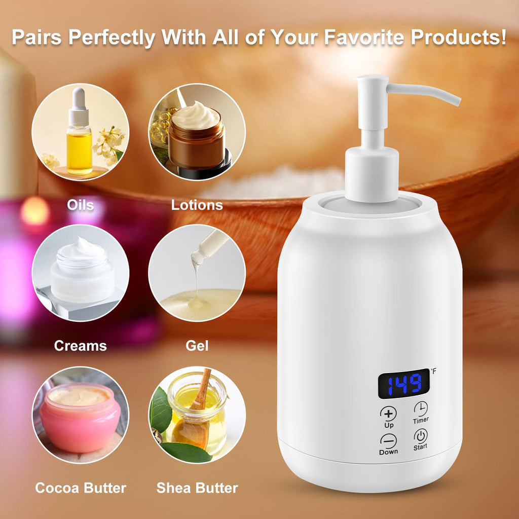 Massage Oil Heater Warmer with ℃/℉ Display, 2 Dispenser Bottles, Constant Temperature - White