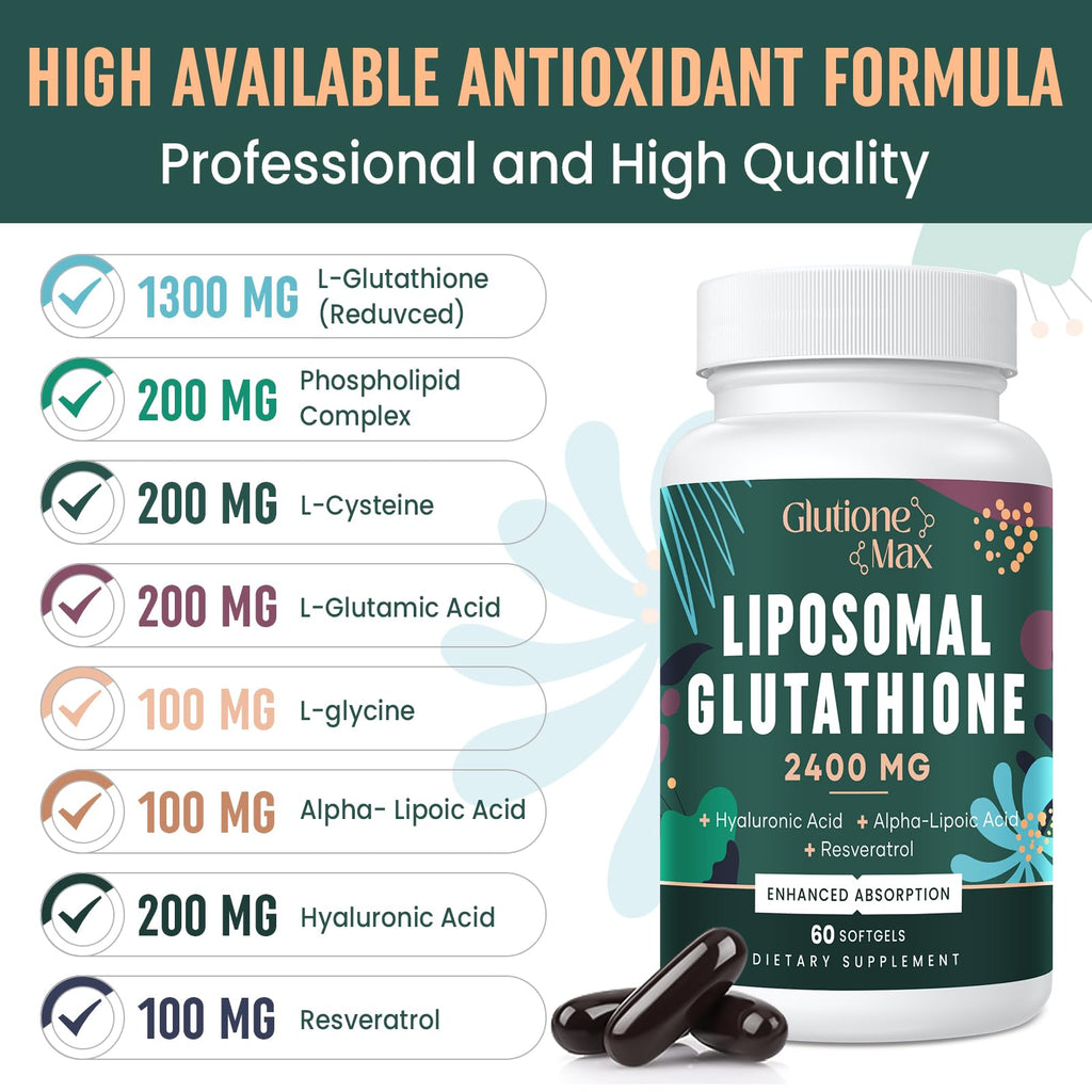 8-in-1 Liposomal Glutathione 2400 MG | High Absorption Antioxidant Formula – 180 Softgels