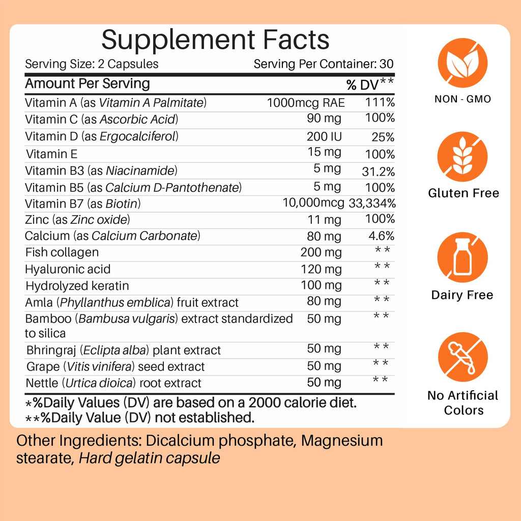 Mastermedi Biotin 20,000mcg with Collagen & Hyaluronic Acid – Hair, Skin & Nails (60 Capsules, 2-Month Supply)